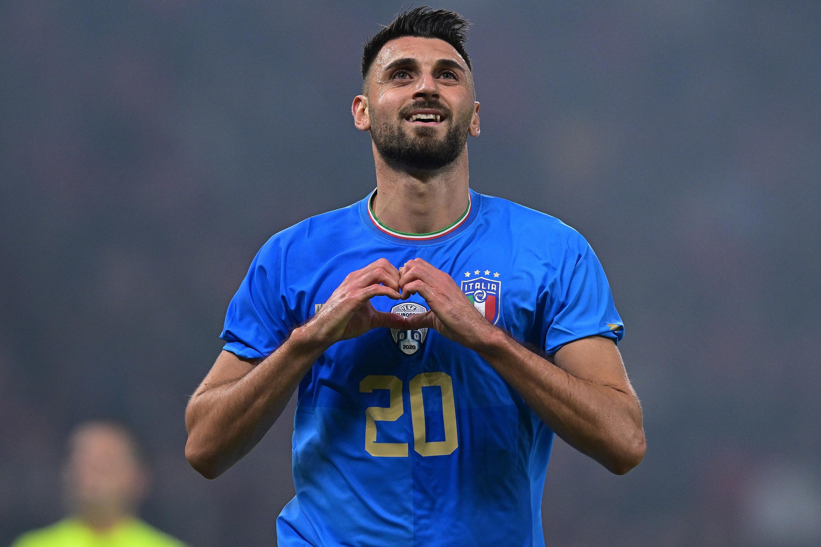 TIRANA, ALBANIA - NOVEMBER 16:  Vincenzo Grifo of Italy celebrates after scoring the goal during the International friendly match between Albania and Italy at  on November 16, 2022 in Tirana, Albania. (Photo by Mattia Ozbot/Getty Images)