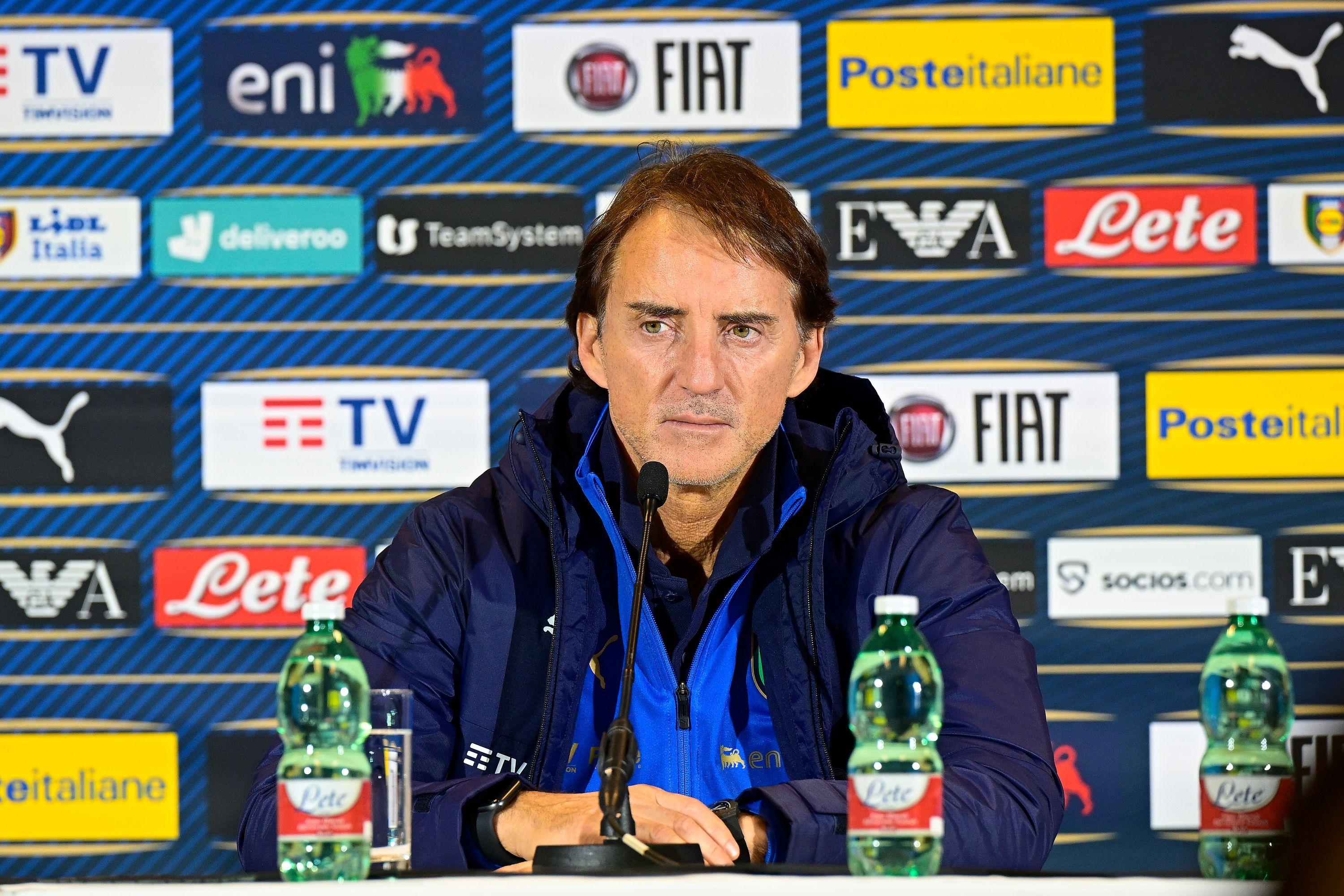 VIENNA, AUSTRIA - NOVEMBER 19: CT Roberto Mancini of Italy speaks with the media during the press conference at Ernst Happel Stadion on November 19, 2022 in Vienna, Austria. (Photo by Mattia Ozbot/Getty Images)