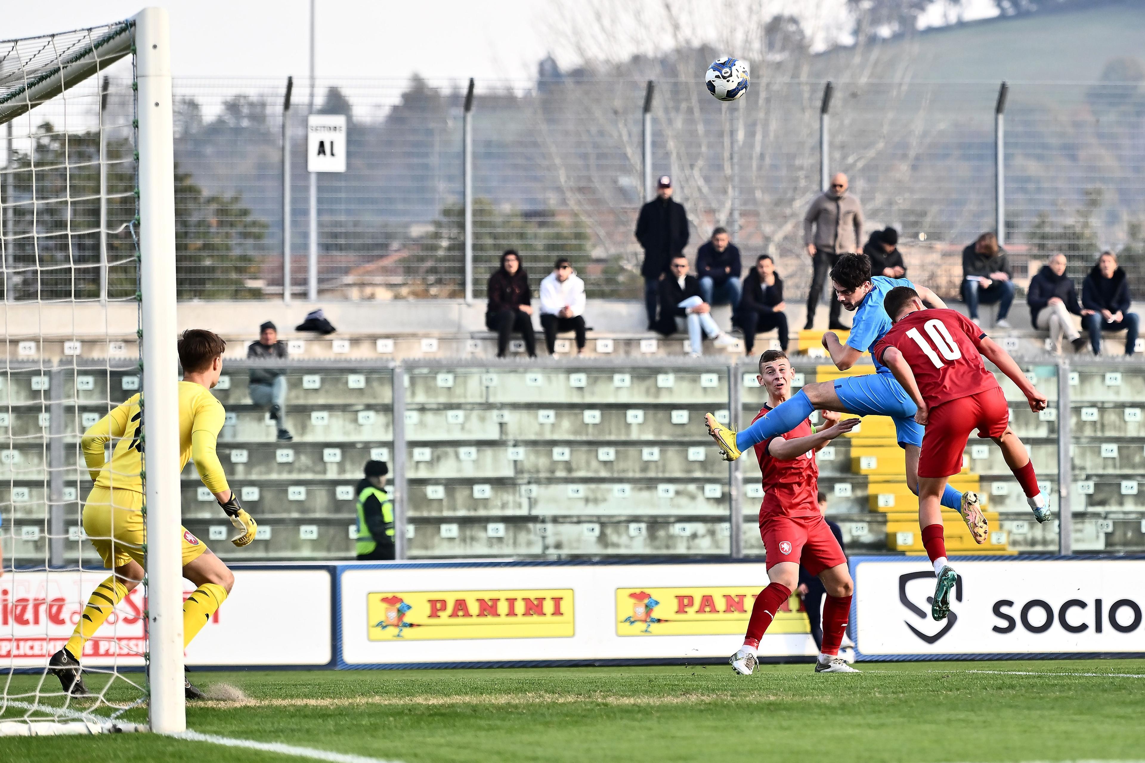 SASSUOLO, ITALY - NOVEMBER 21: Giuseppe Ambrosino of Italy U20  scores the opening goal during the 8 Nations Tournament match between Italy U20 and Czezh Republic U20 at Enzo Ricci Stadium on November 21, 2022 in Sassuolo, Italy. (Photo by Alessandro Sabattini/Getty Images)