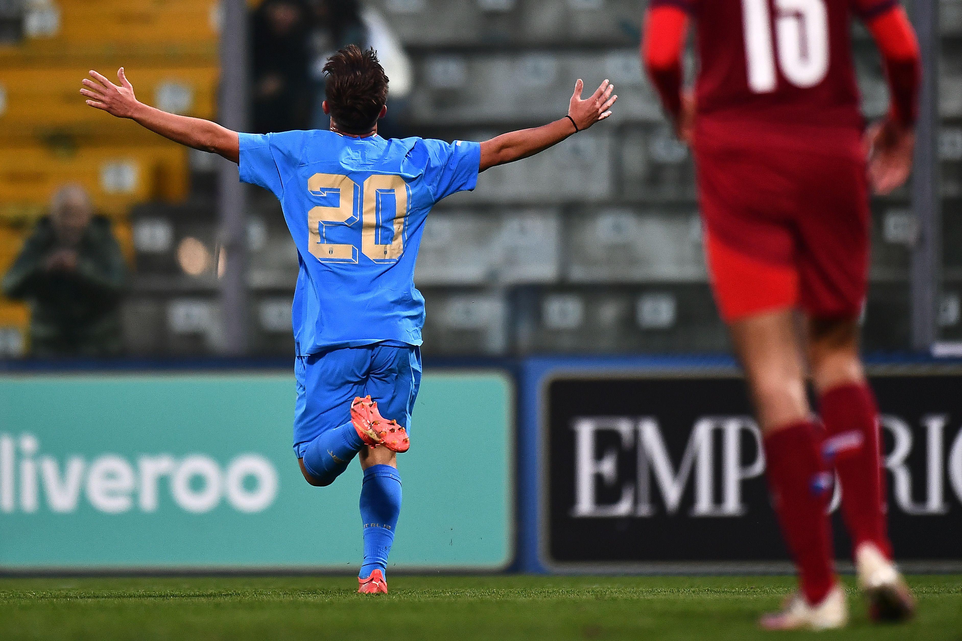 SASSUOLO, ITALY - NOVEMBER 21: Claudio Cassano of Italy U20 celebrates after scoring his team second goal during the 8 Nations Tournament match between Italy U20 and Czezh Republic U20 at Enzo Ricci Stadium on November 21, 2022 in Sassuolo, Italy. (Photo by Alessandro Sabattini/Getty Images)