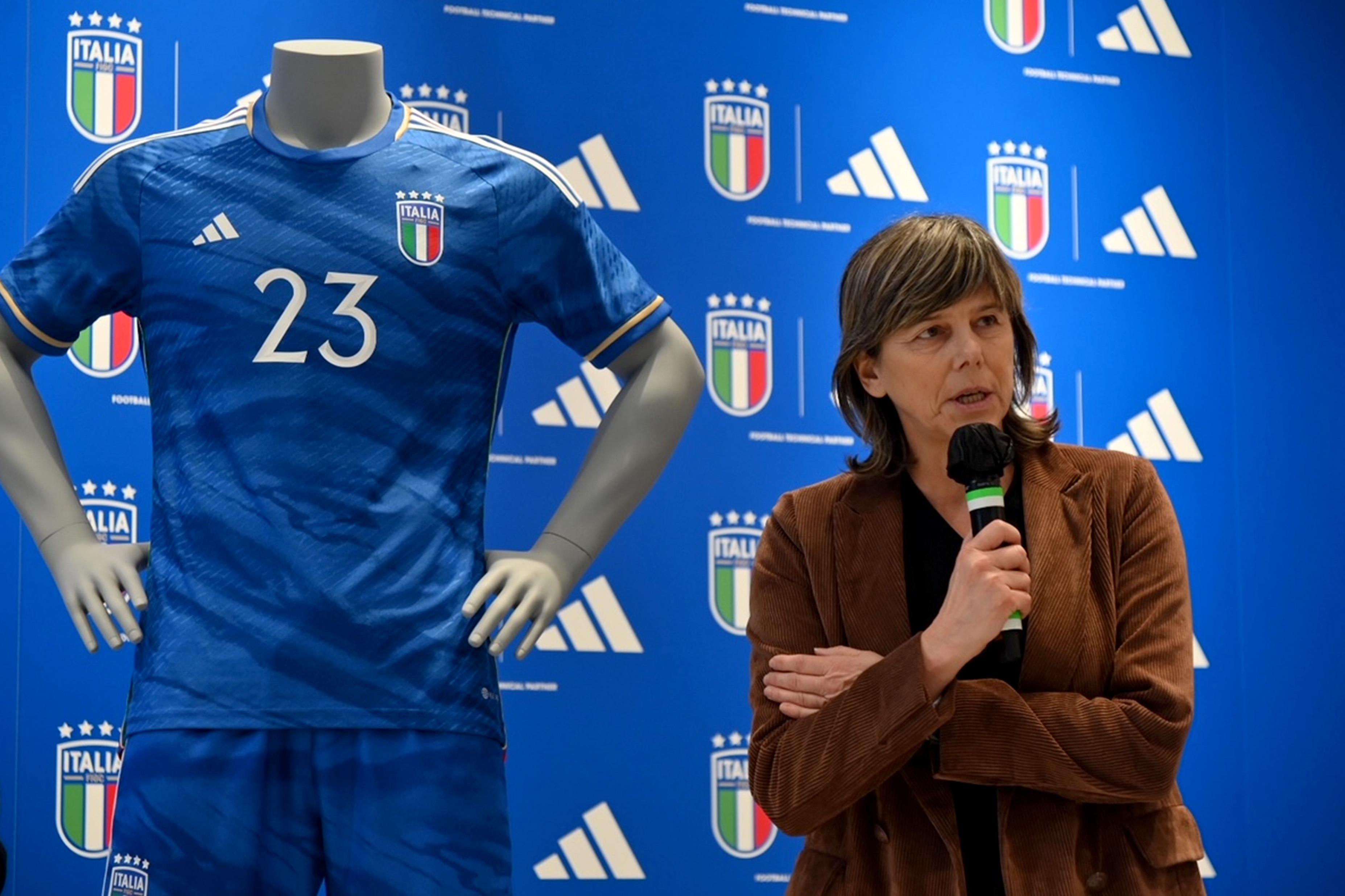 ROME, ITALY - JANUARY 18: Italy women head coach Milena Bertolini talk to media during the unveiling of the partnership between FIGC & adidas on January 18, 2023 in Rome, Italy. (Photo by Marco Rosi/Getty Images)