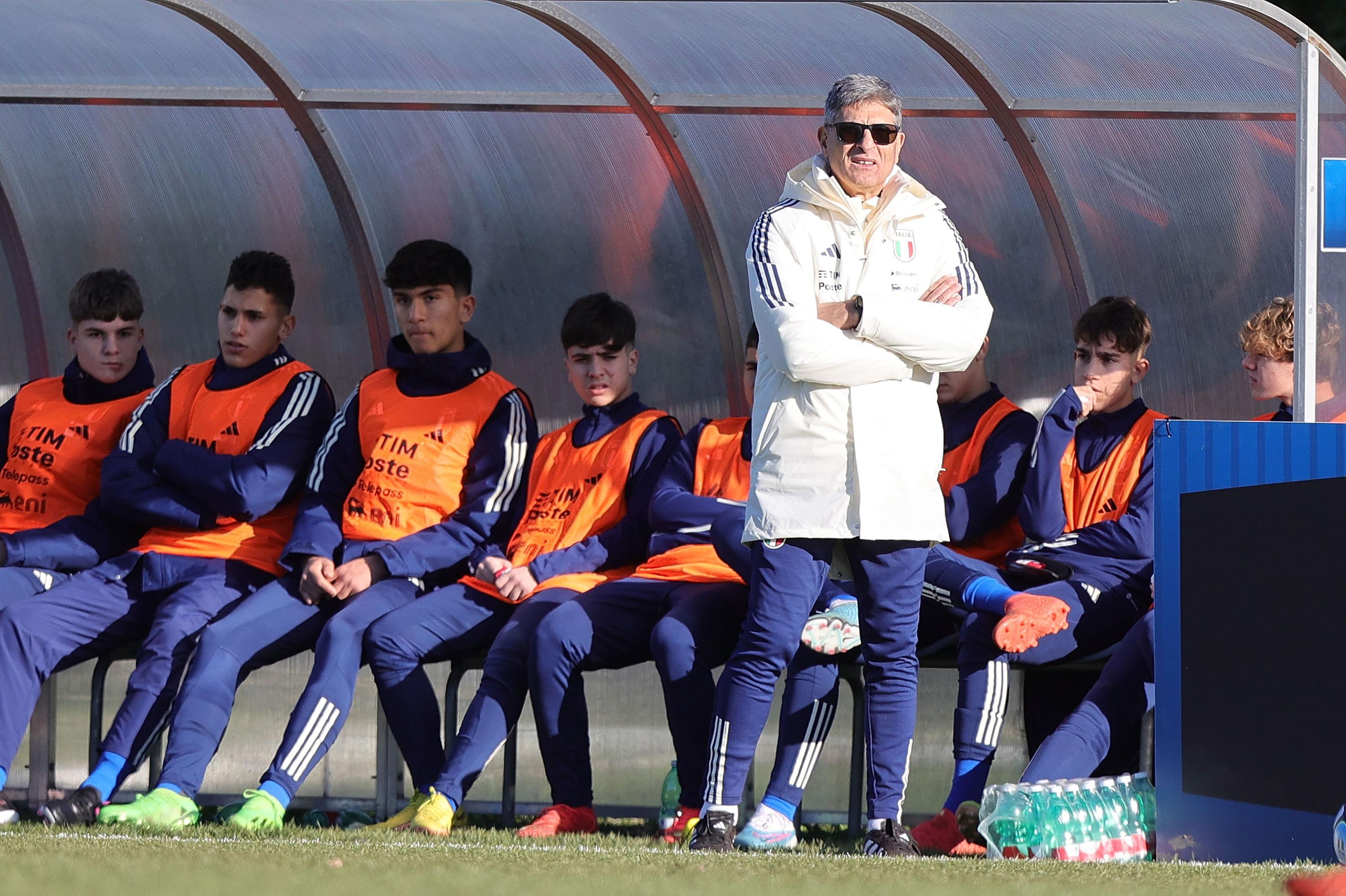 FLORENCE, ITALY - JANUARY 24: Head coach of Italy U15 Massimiliano Favo looks on during the International Friendly match between Italy U15 and Albania U15 on January 24, 2023 in Florence, Italy. (Photo by Gabriele Maltinti/Getty Images) *** Local Caption *** Massimiliano Favo
