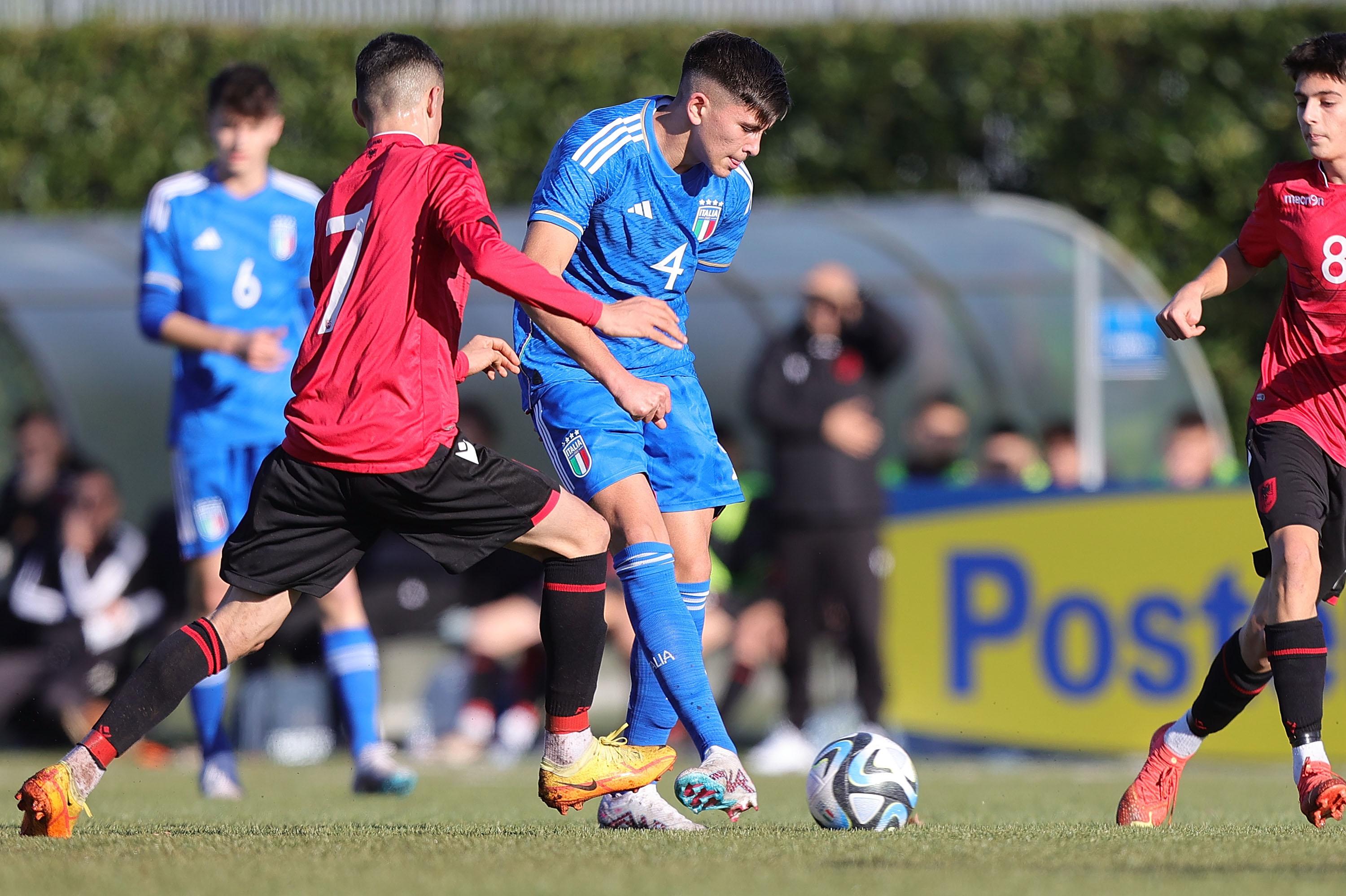 FLORENCE, ITALY - JANUARY 24: Cristian Acatullo of Italy U15 in action during the International Friendly match between Italy U15 and Albania U15 on January 24, 2023 in Florence, Italy. (Photo by Gabriele Maltinti/Getty Images) *** Local Caption *** Cristian Acatullo