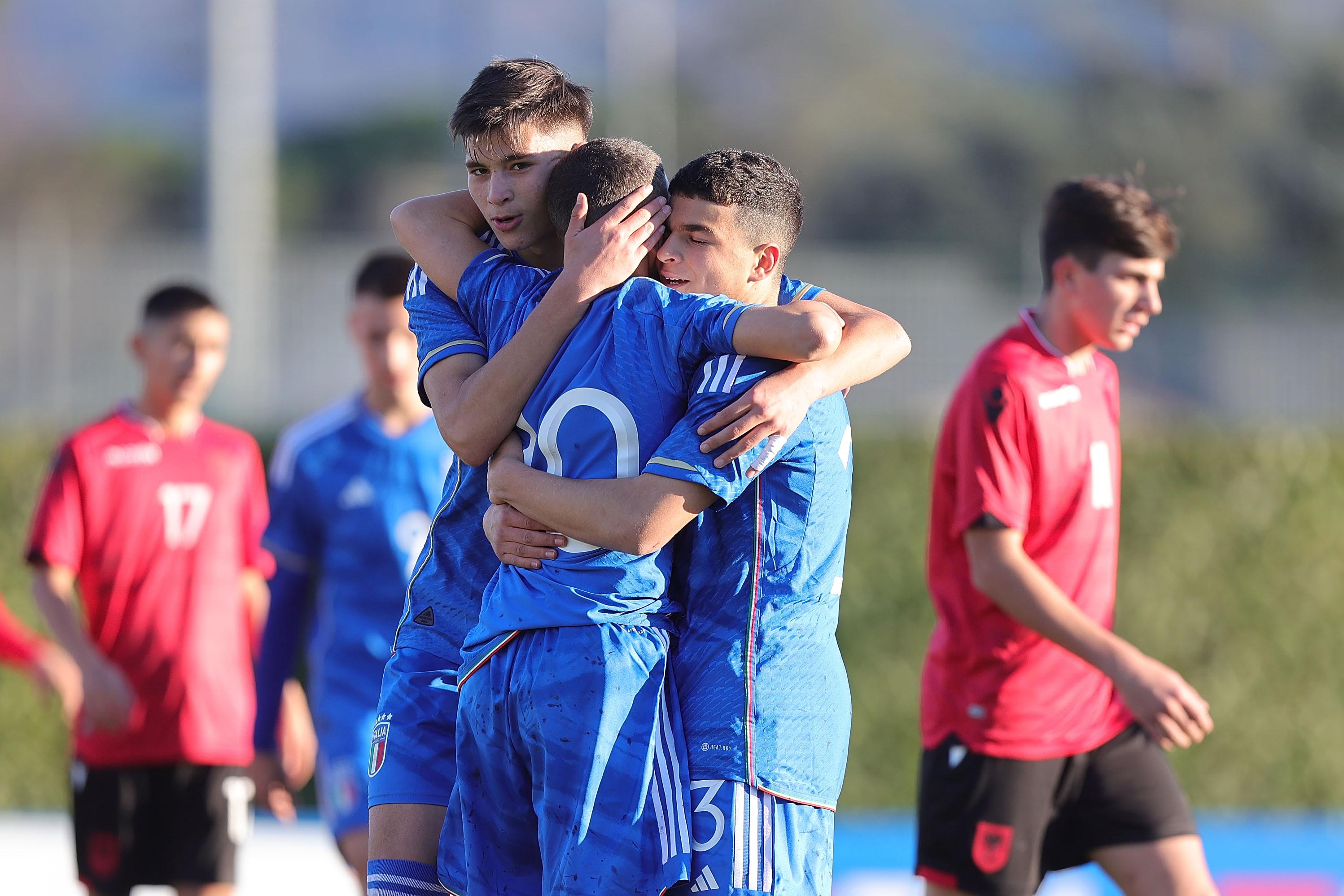 FLORENCE, ITALY - JANUARY 24: Vincenzo Damiano of Italy U15 celebrates after scoring a goal during the International Friendly match between Italy U15 and Albania U15 on January 24, 2023 in Florence, Italy.  (Photo by Gabriele Maltinti/Getty Images) *** Local Caption *** Vincenzo Damiano