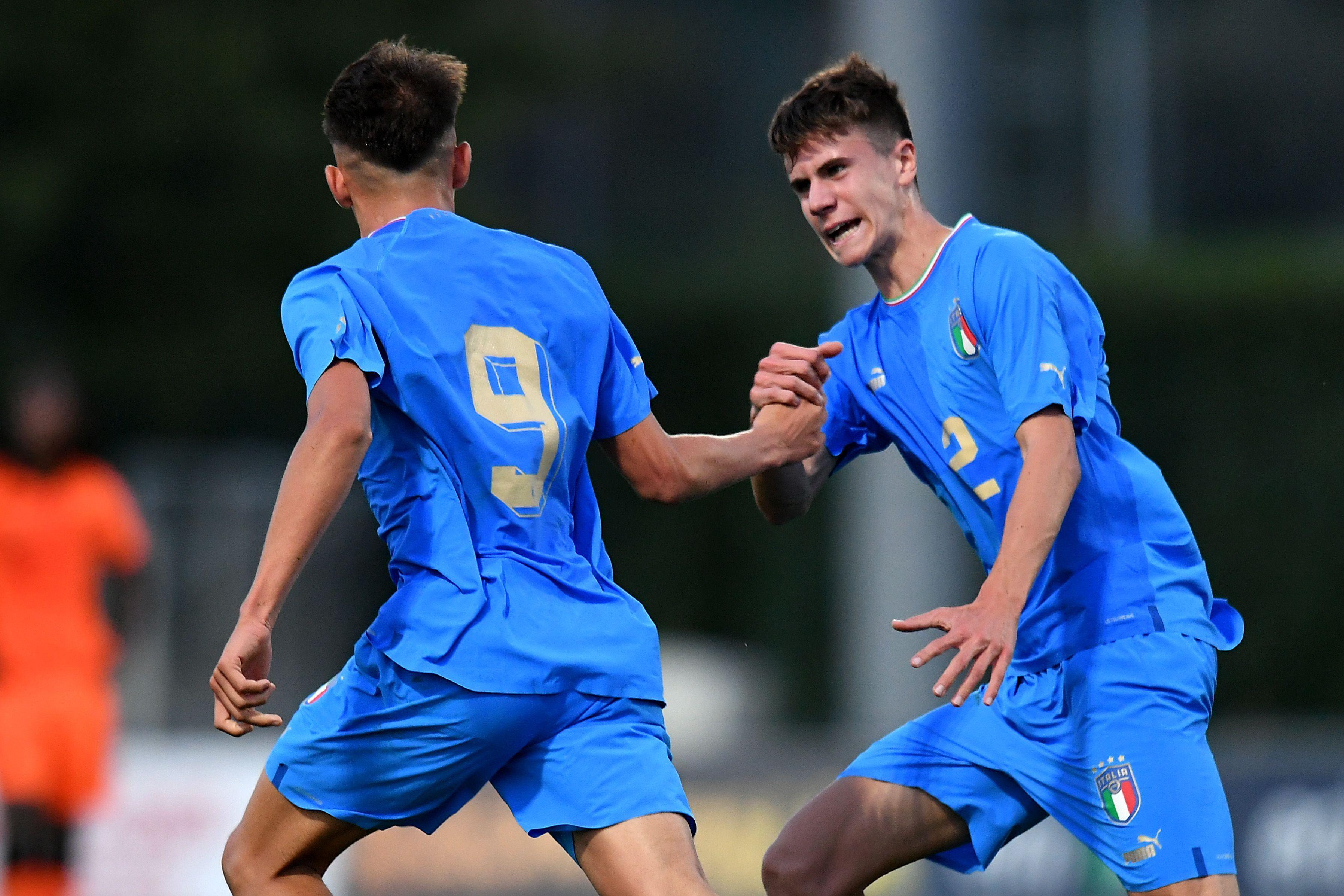 FLORENCE, ITALY - OCTOBER 11: Mattia Mosconi of Italy U16 celebrates after scoring the opening goal during the International Friendly match between Italy U16 and Netherlands U16 at Centro Tecnico Federale di Coverciano on October 11, 2022 in Florence, Italy. (Photo by Alessandro Sabattini/Getty Images)