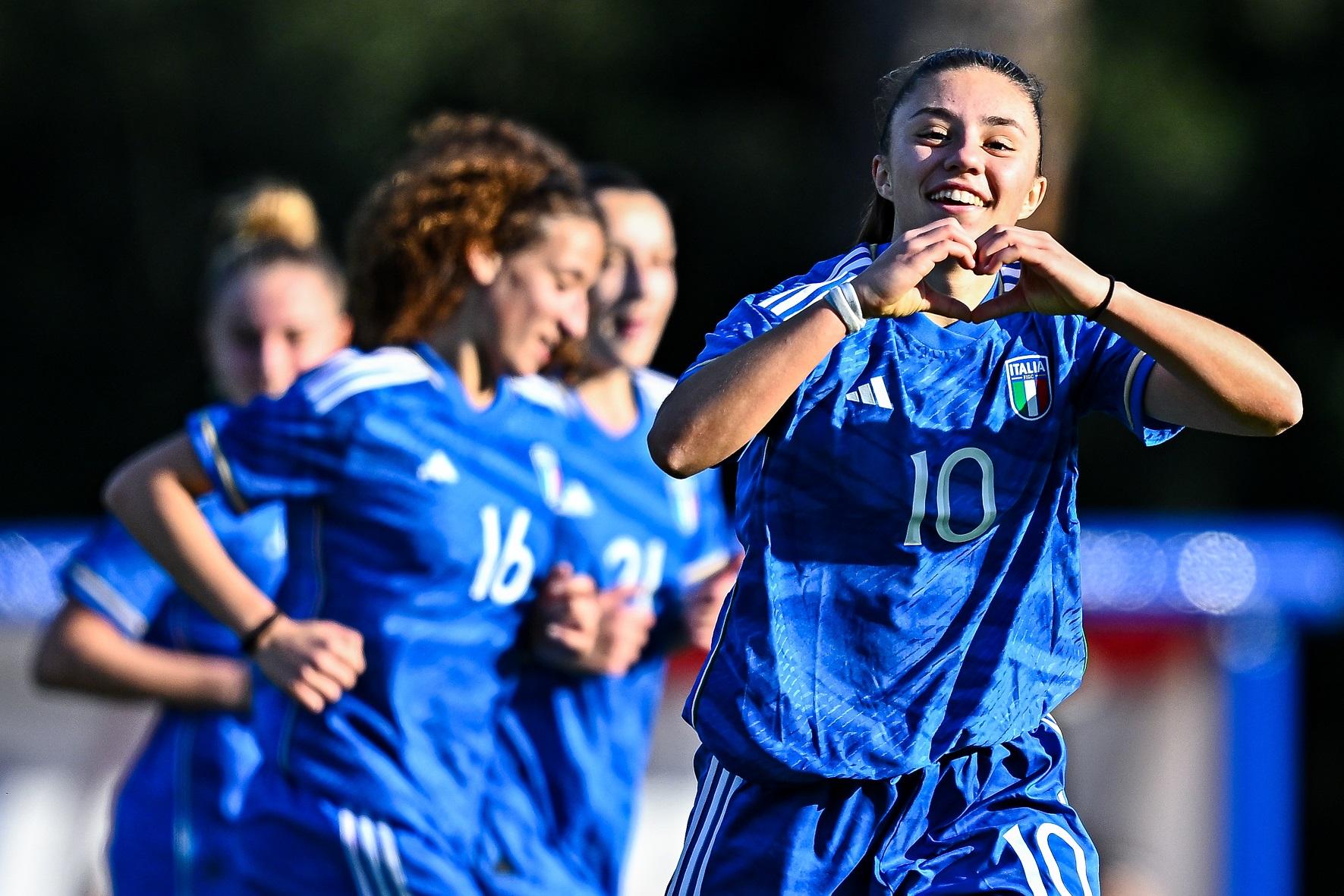 TIRRENIA, ITALY - JANUARY 25: Marta Zamboni of Italy (R) celebrates after scoring a goal during the International Friendly match between Italy U17 Women and Norway U17 Women on January 25, 2023 in Tirrenia, Italy. (Photo by Simone Arveda/Getty Images)