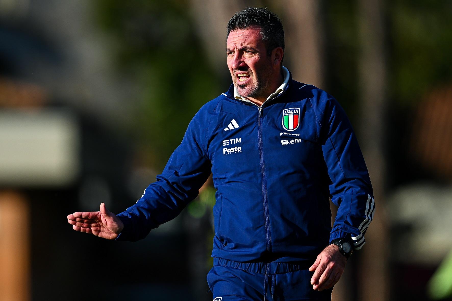 TIRRENIA, ITALY - JANUARY 25: Jacopo Leandri head coach of Italy reacts during the International Friendly match between Italy U17 Women and Norway U17 Women on January 25, 2023 in Tirrenia, Italy. (Photo by Simone Arveda/Getty Images)