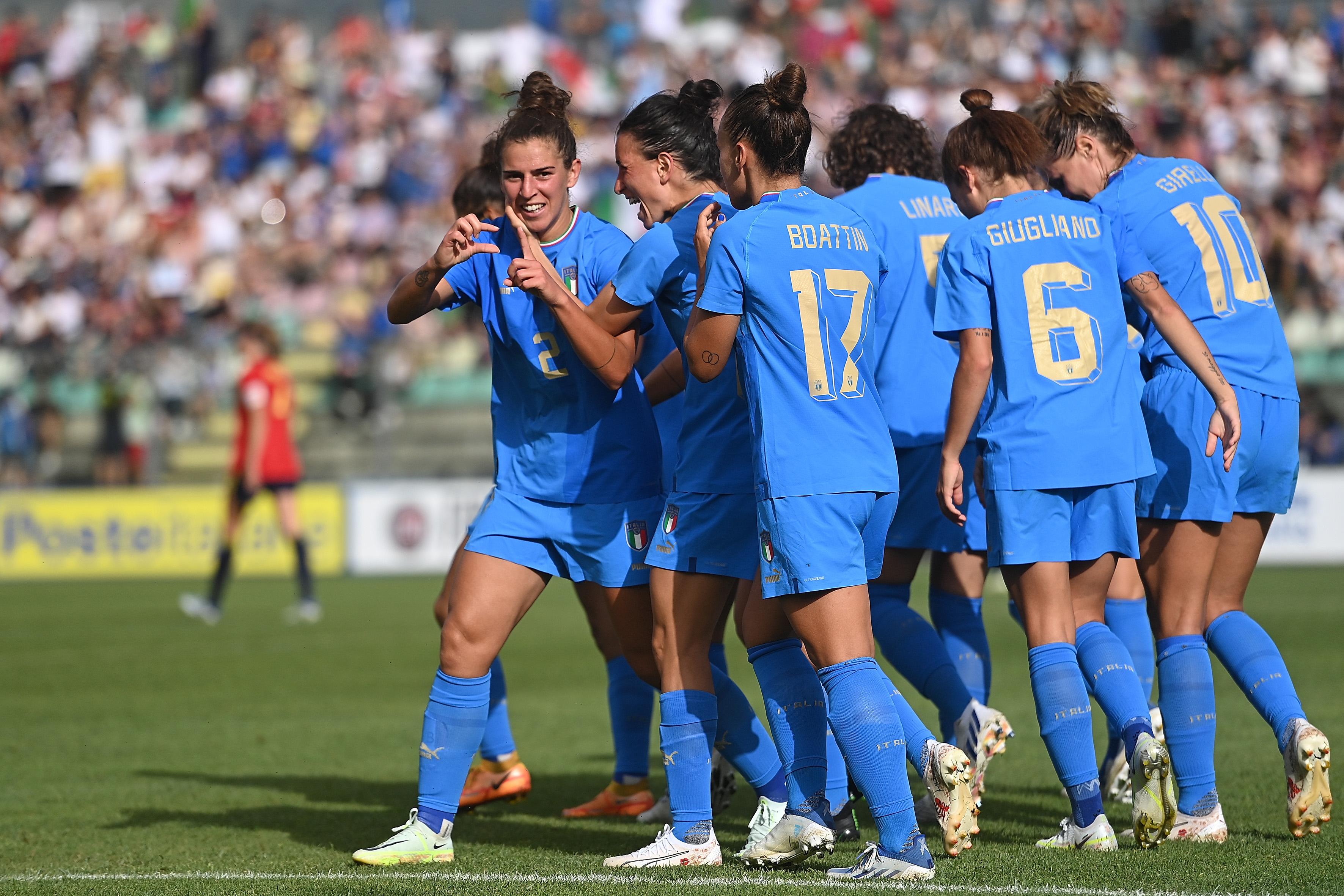 CASTEL DI SANGRO, ITALY - JULY 01: Valentina Bergamaschi of Italy celebrates after scoring the opening goal during the Women\\'s International friendly match between Italy and Spain at Teofilo Patini Stadium on July 01, 2022 in Castel di Sangro , Italy. (Photo by Tullio M. Puglia/Getty Images)