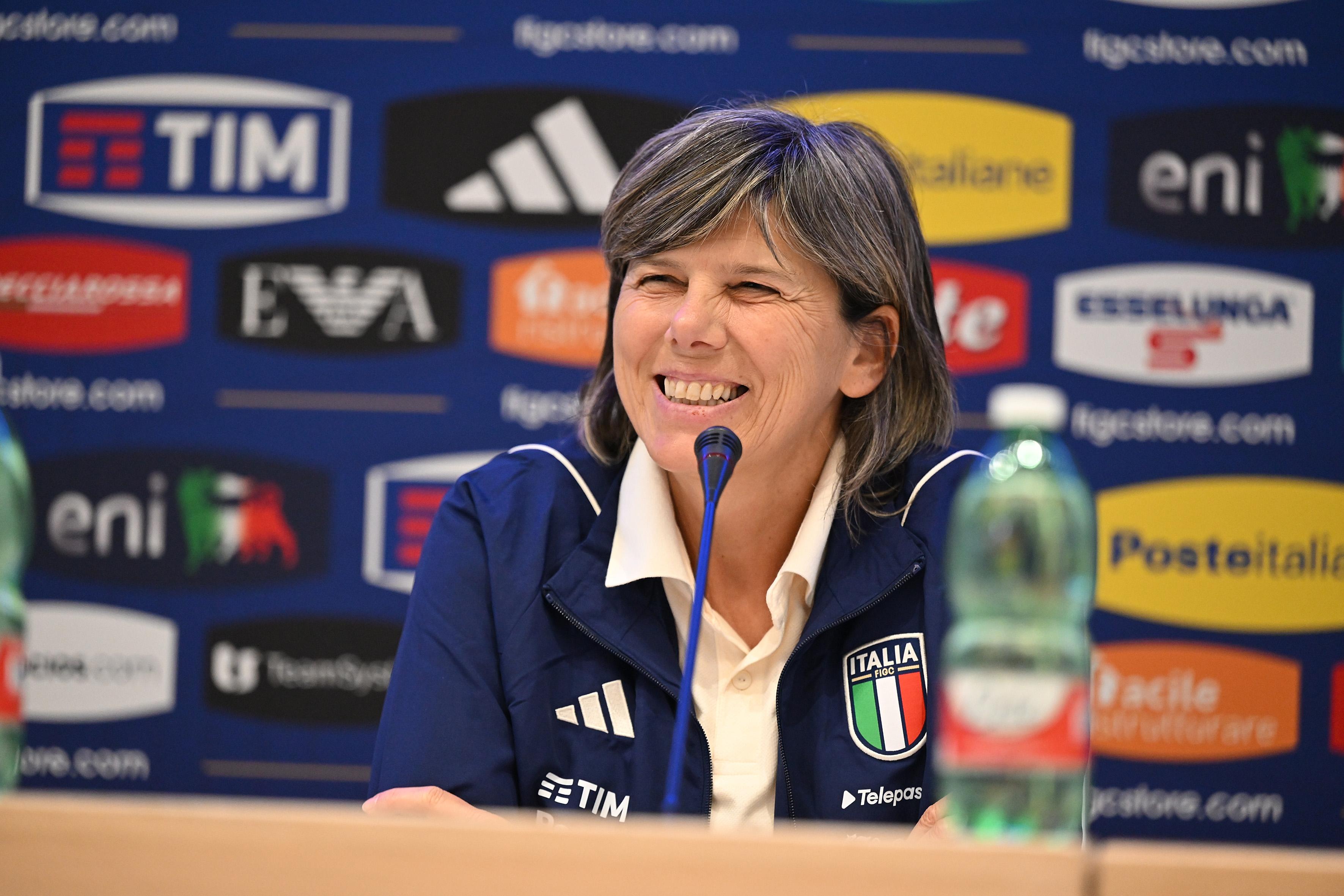 FLORENCE, ITALY - FEBRUARY 13: Milena Bertolini, Head coach of Italy Women, answers questions during a press conferenceat Centro Tecnico Federale di Coverciano on February 13, 2023 in Florence, Italy. (Photo by Tullio M. Puglia/Getty Images)
