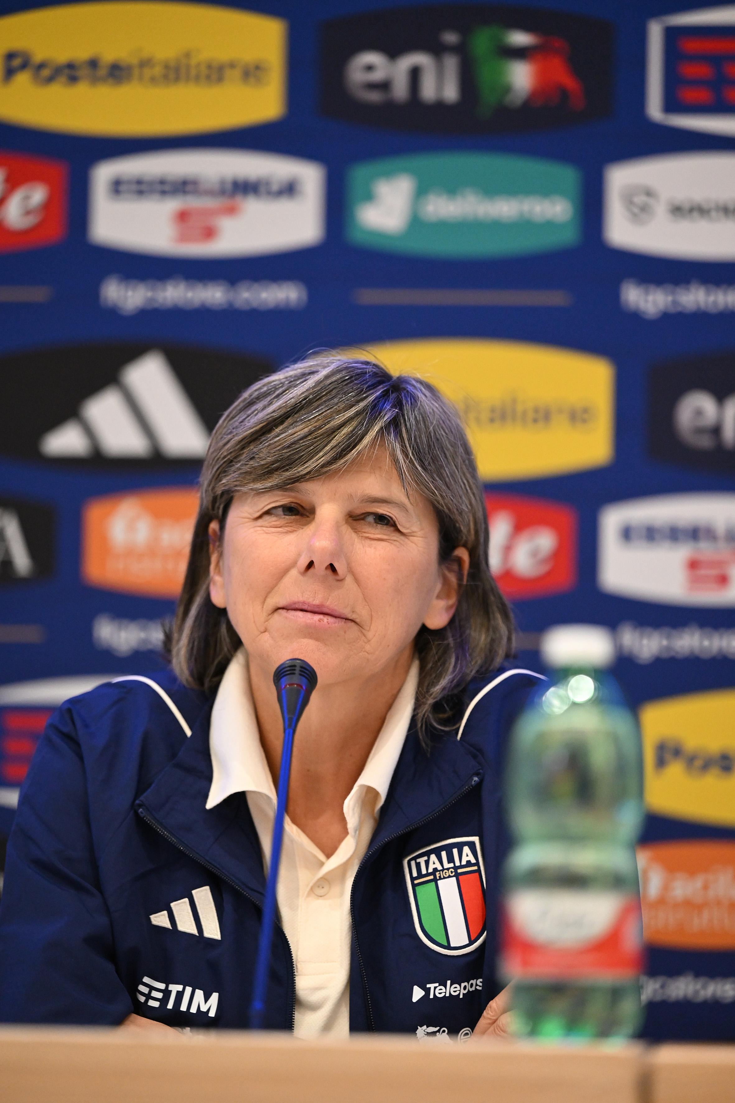 FLORENCE, ITALY - FEBRUARY 13: Milena Bertolini, Head coach of Italy Women, answers questions during a press conferenceat Centro Tecnico Federale di Coverciano on February 13, 2023 in Florence, Italy. (Photo by Tullio M. Puglia/Getty Images)
