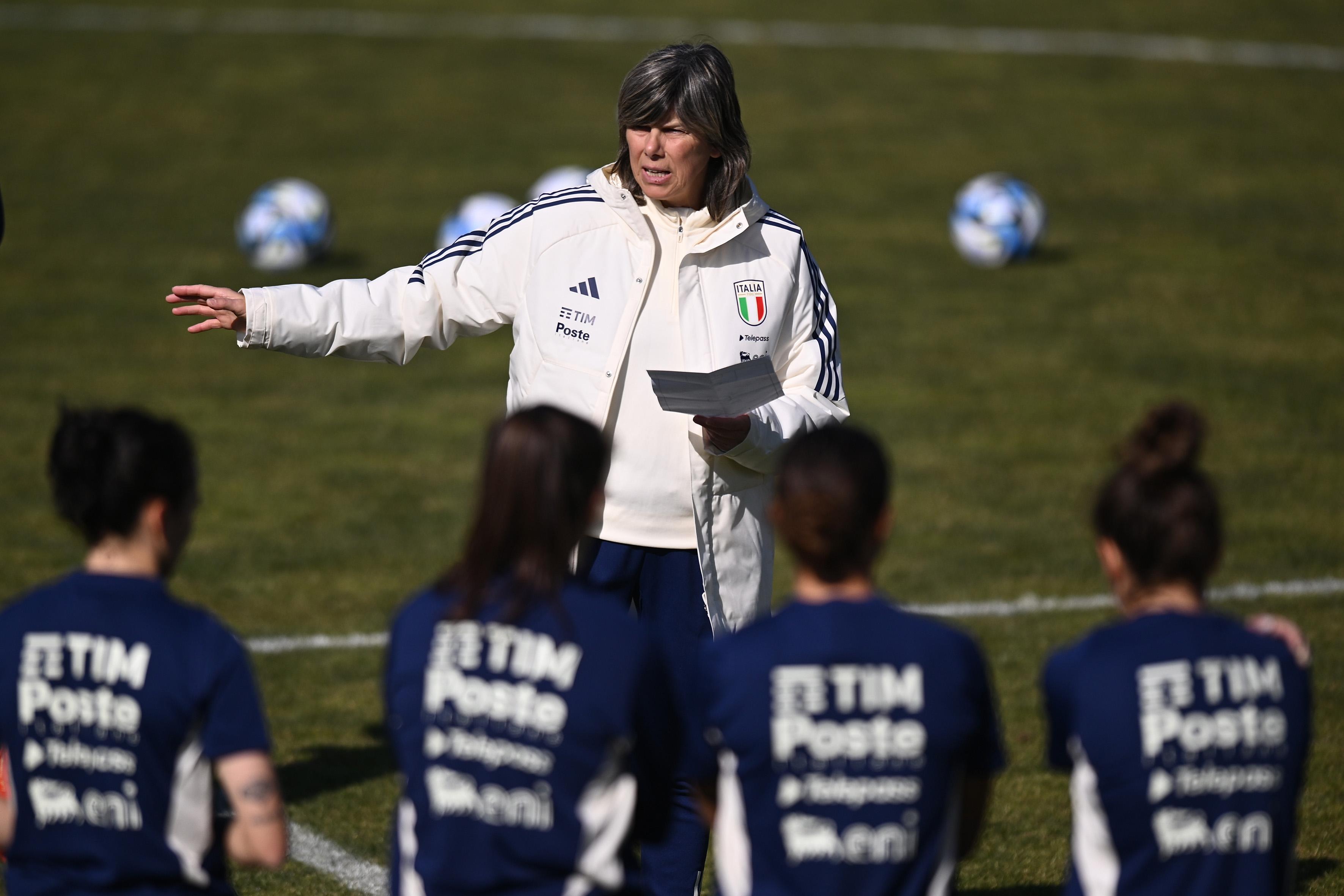 FLORENCE, ITALY - FEBRUARY 14: Milena Bertolini, Head coach of Italy Women, leads a training session at Centro Tecnico Federale di Coverciano on February 14, 2023 in Florence, Italy. (Photo by Tullio M. Puglia/Getty Images)