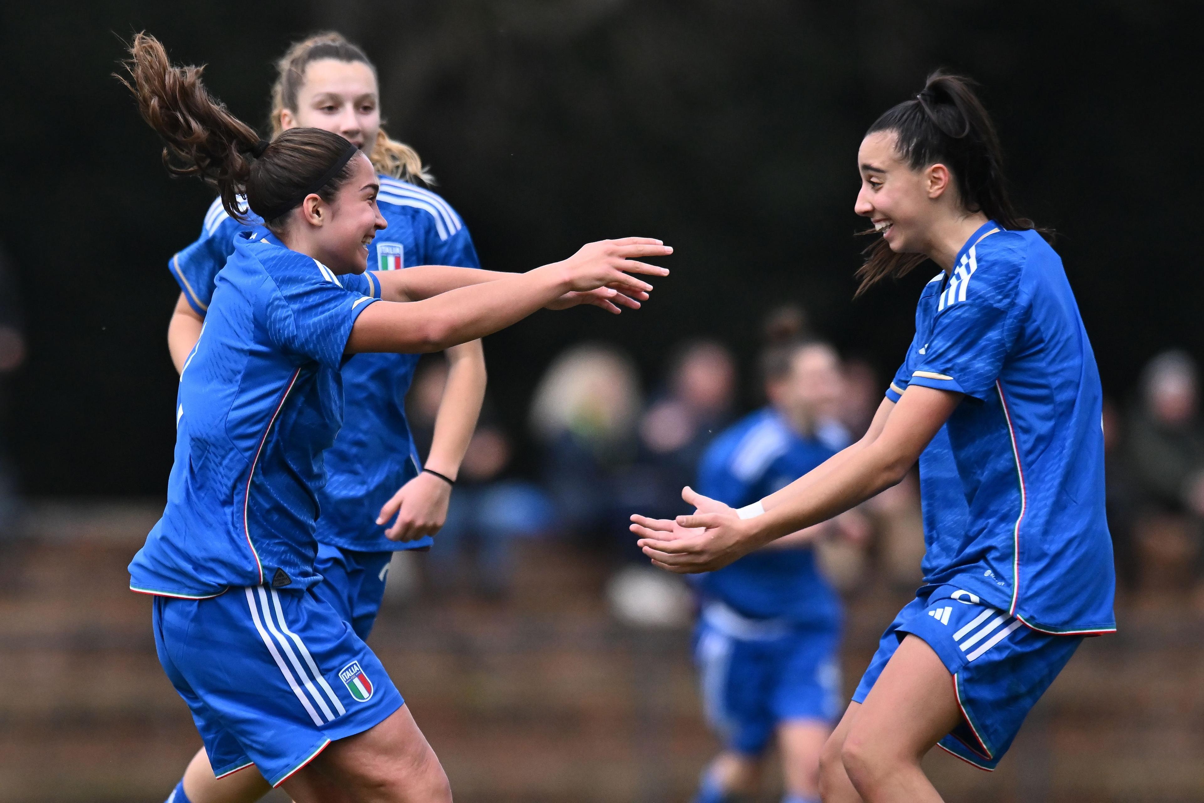 TIRRENIA, ITALY - FEBRUARY 19:  Alessia Guglielmini of Italy U17 celebrates after scoring his team second goal during the Women International Friendly match between Italy U17 and Slovenia U17 on February 19, 2023 in Tirrenia, Italy. (Photo by Alessandro Sabattini/Getty Images)