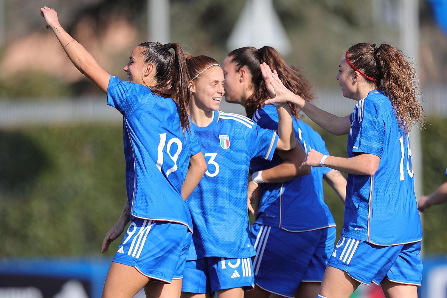 FLORENCE, ITALY - FEBRUARY 20: Matilde Pavan of Italy Women U23 celebrates after scoring a goal during the international friendly match between Italy U23 and Sweden U23 at Centro Tecnico Federale di Coverciano on February 20, 2023 in Florence, Italy. (Photo by Gabriele Maltinti/Getty Images) *** Local Caption *** Matilde Pavan