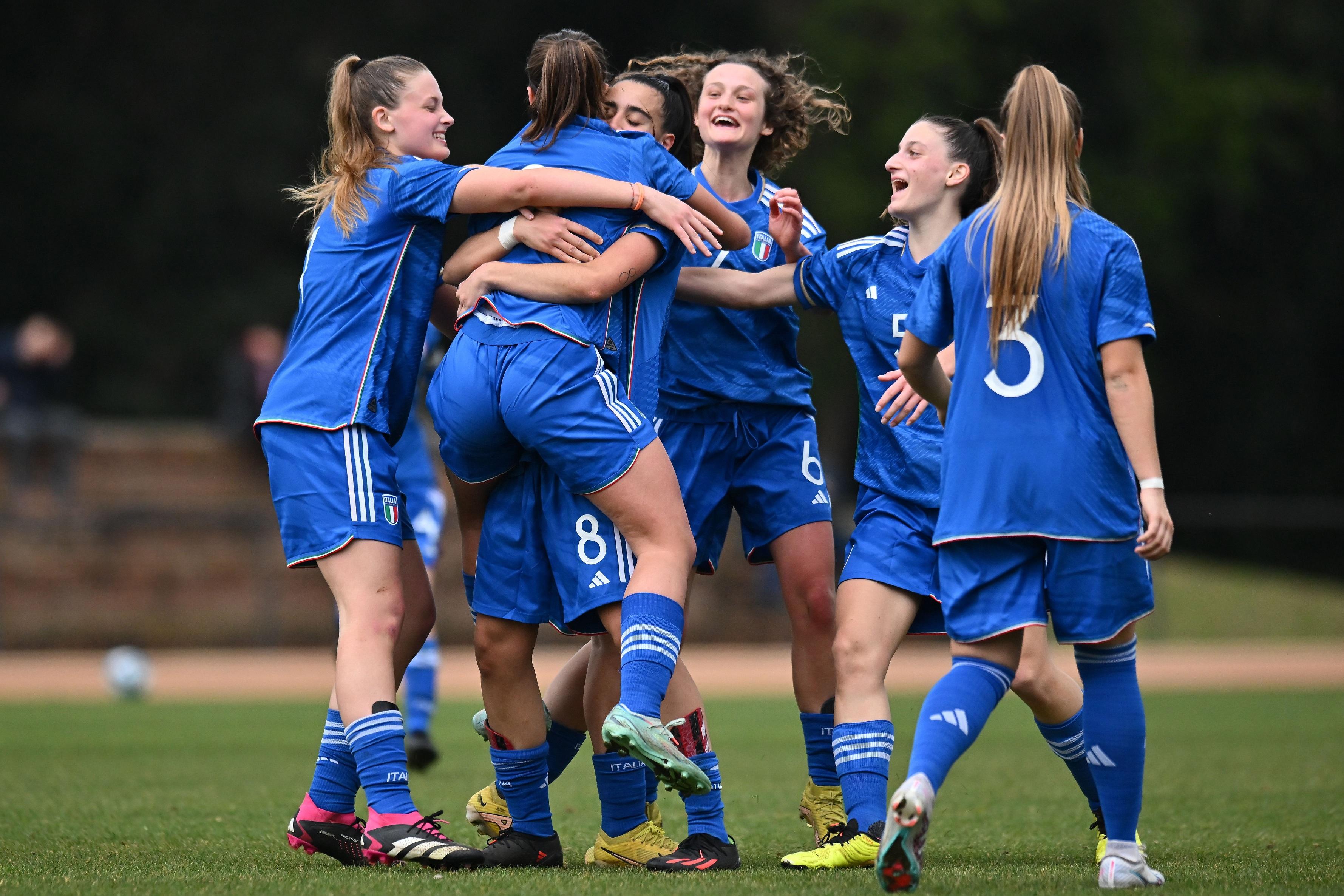 TIRRENIA, ITALY - FEBRUARY 19: Alessia Guglielmini of Italy U17 celebrates after scoring his team second goal during the Women International Friendly match between Italy U17 and Slovenia U17 on February 19, 2023 in Tirrenia, Italy. (Photo by Alessandro Sabattini/Getty Images)