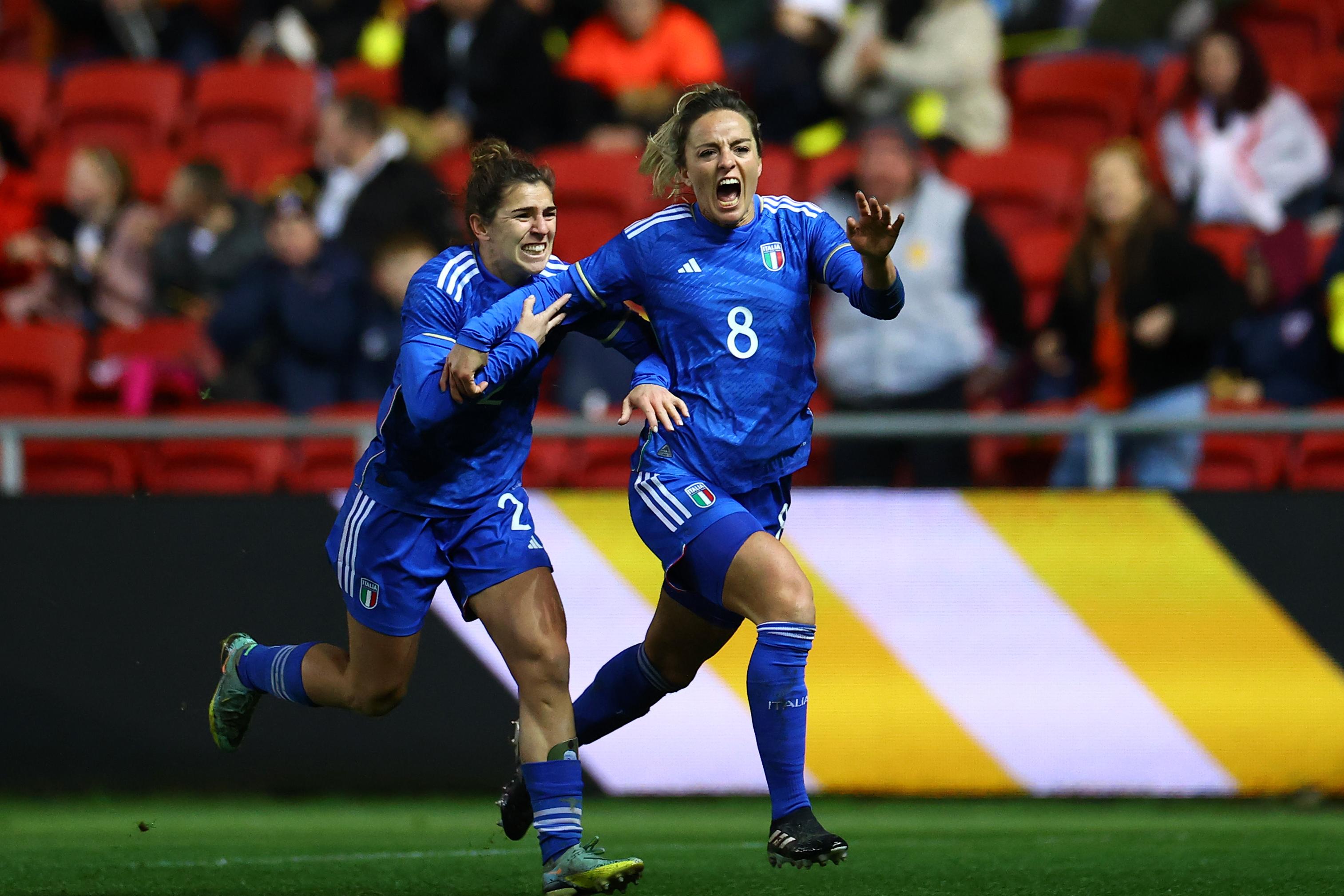BRISTOL, ENGLAND - FEBRUARY 22: Martina Rosucci of Italy celebrates after scoring the team\\'s second goal during the Arnold Clark Cup match between Korea Republic and Italy at Ashton Gate on February 22, 2023 in Bristol, England. (Photo by Michael Steele/Getty Images)