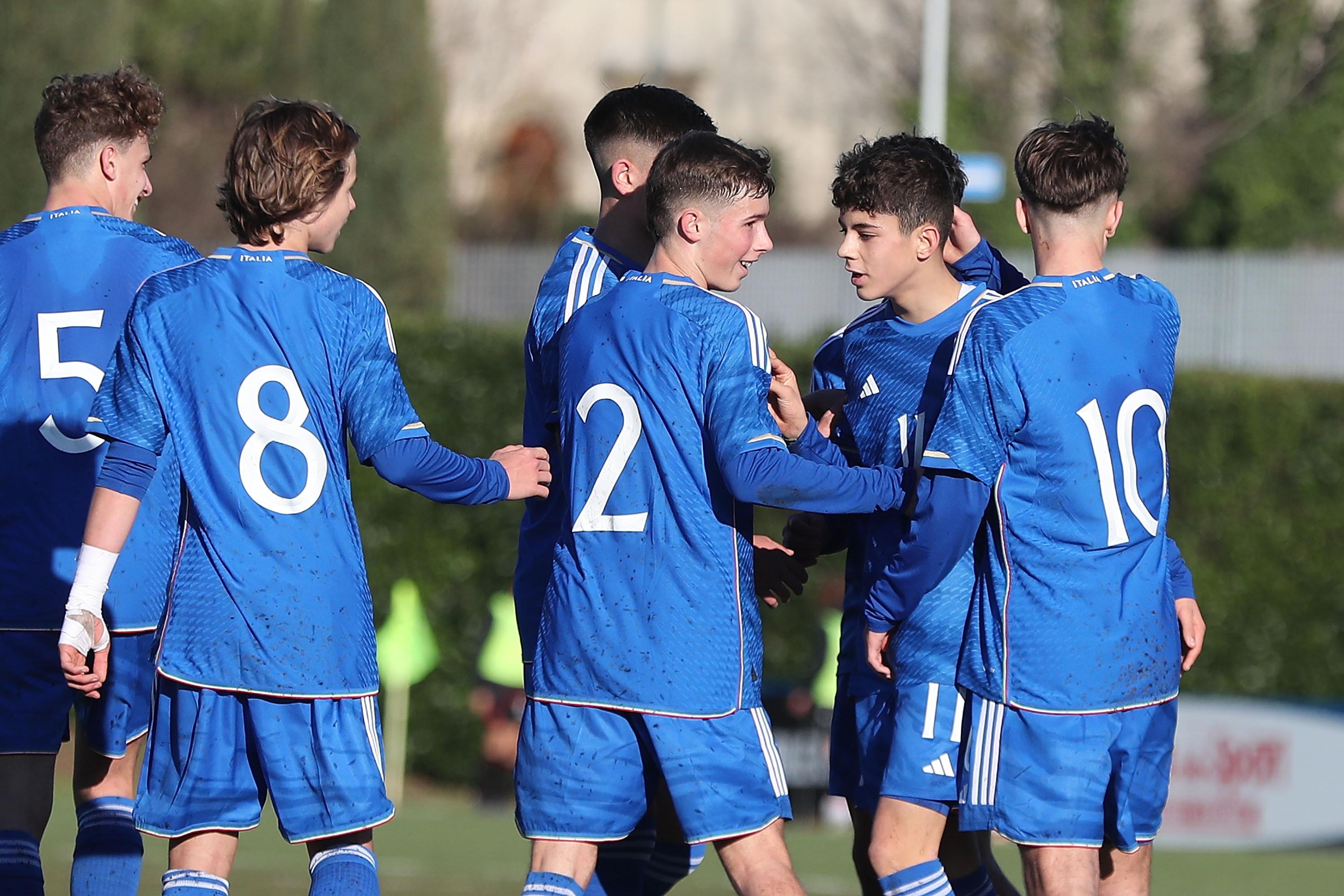 FLORENCE, ITALY - JANUARY 24: Samuele Inacio of Italy U15 celebrates after scoring a goal during the International Friendly match between Italy U15 and Albania U15 on January 24, 2023 in Florence, Italy.  (Photo by Gabriele Maltinti/Getty Images) *** Local Caption *** Samuele Inacio