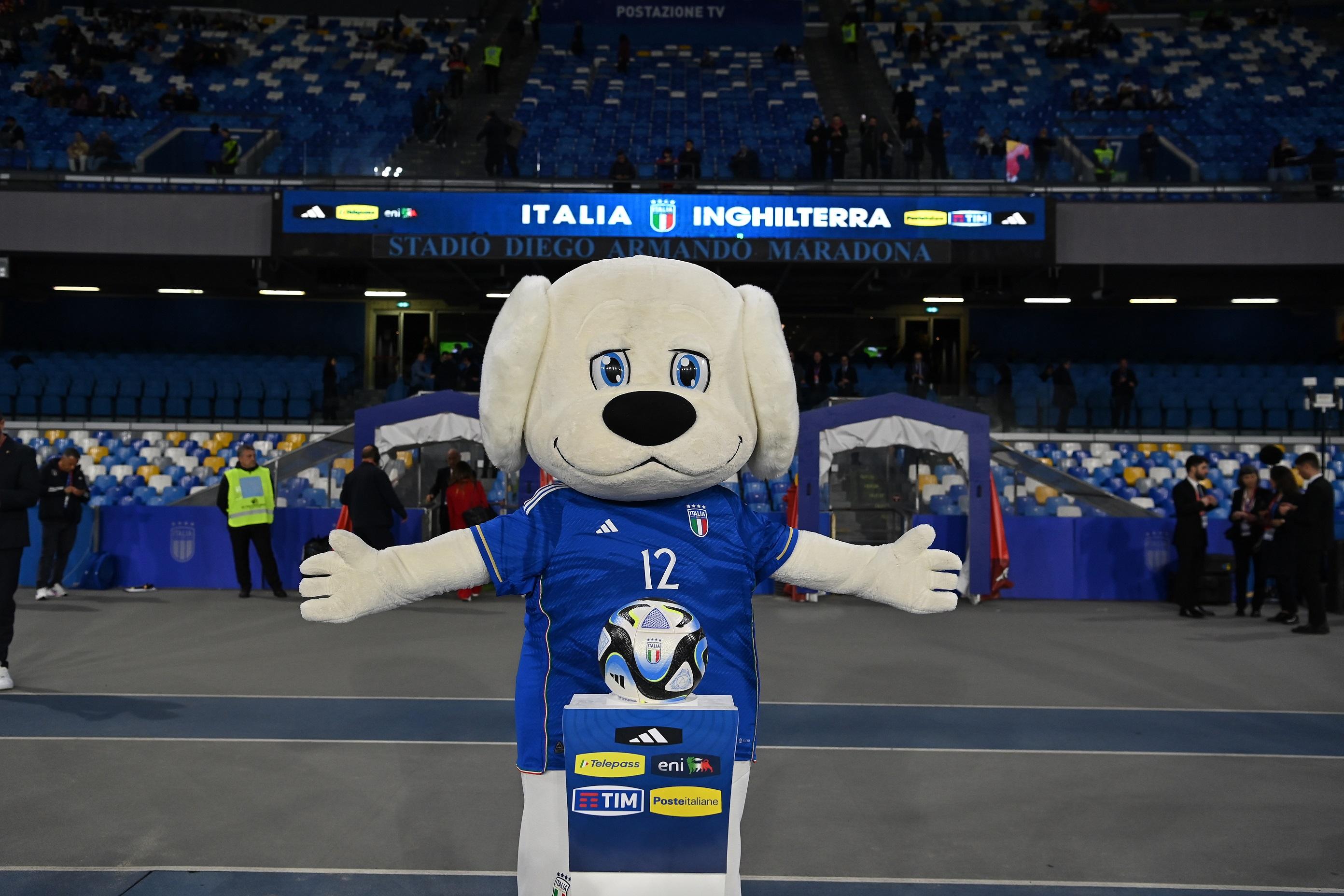NAPLES, ITALY - MARCH 23: Oscar Mascotte Before the UEFA EURO 2024 qualifying round group C match between Italy and England at Stadio Diego Armando Maradona on March 23, 2023 in Naples, Italy. (Photo by Claudio Villa/Getty Images )