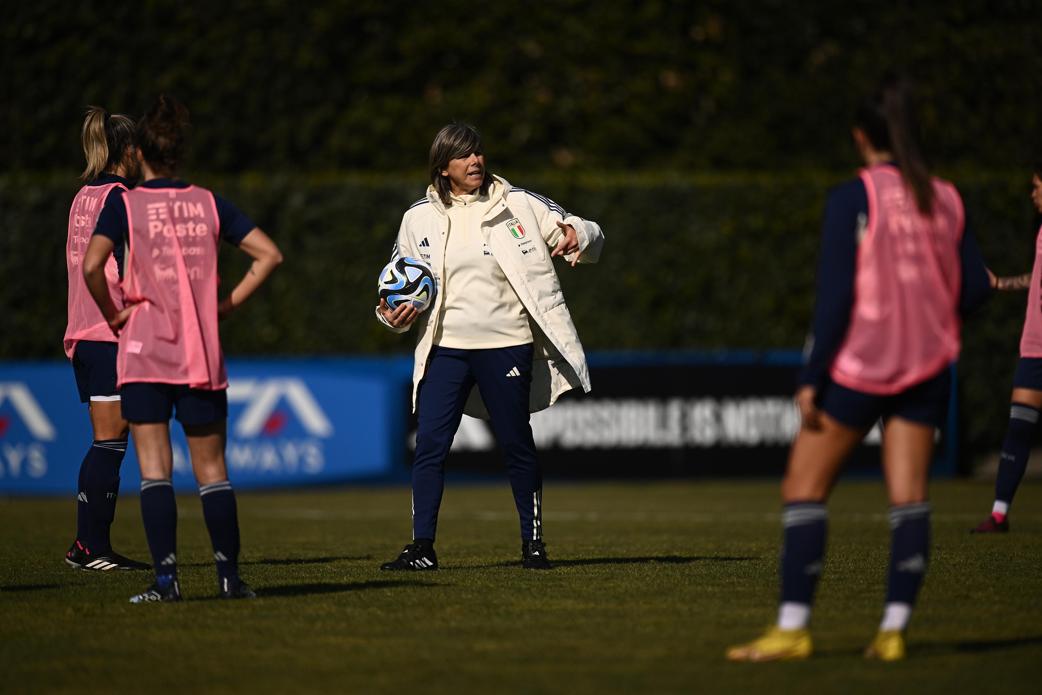 FLORENCE, ITALY - FEBRUARY 14: Milena Bertolini, Head coach of Italy Women, leads a training session at Centro Tecnico Federale di Coverciano on February 14, 2023 in Florence, Italy. (Photo by Tullio M. Puglia/Getty Images)