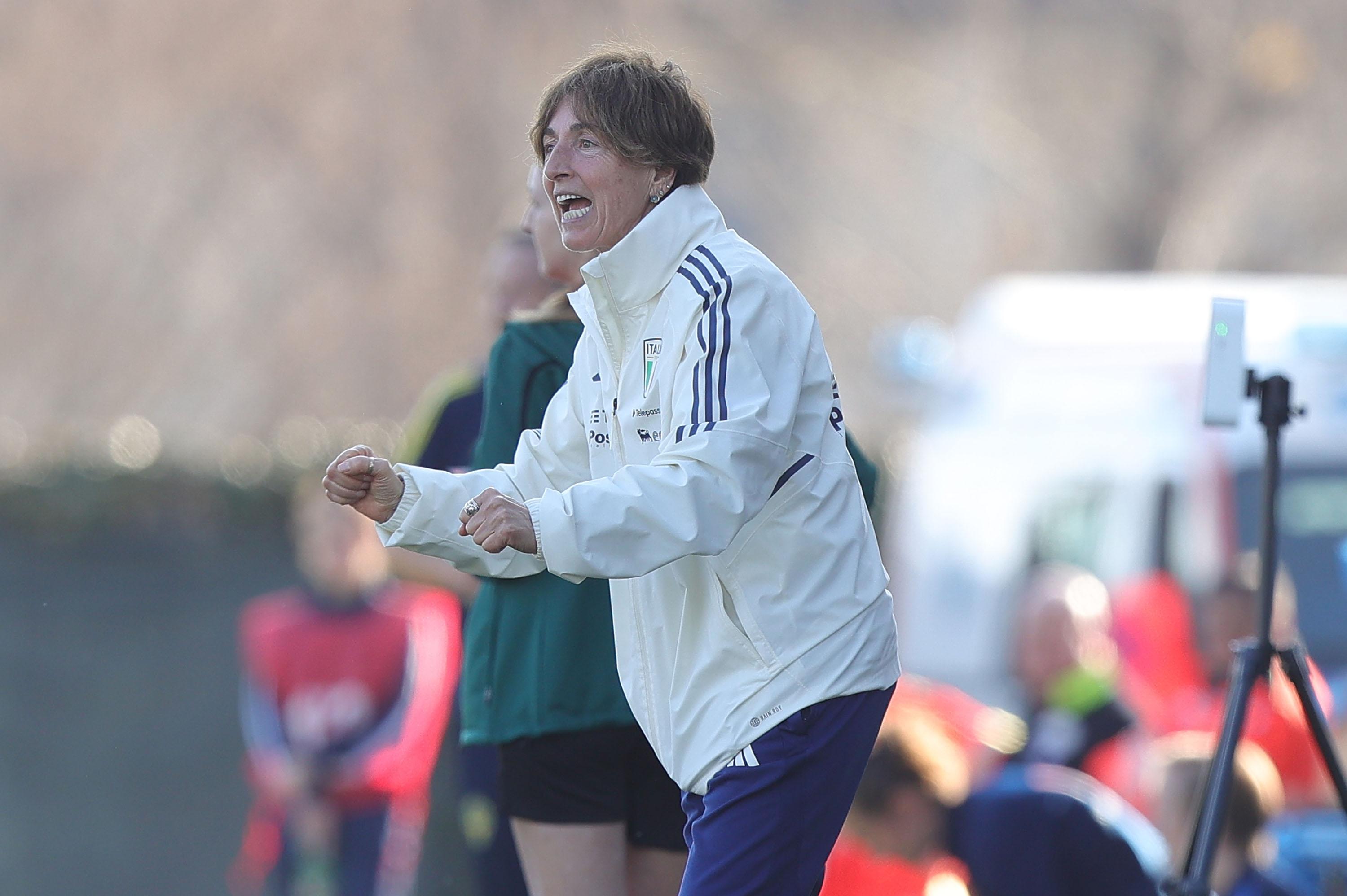 FLORENCE, ITALY - FEBRUARY 20: Head coach of Italy Women U23 Nazzarena Grilli gestures during the international friendly match between Italy U23 and Sweden U23 at Centro Tecnico Federale di Coverciano on February 20, 2023 in Florence, Italy. (Photo by Gabriele Maltinti/Getty Images) *** Local Caption *** Nazzarena Grilli