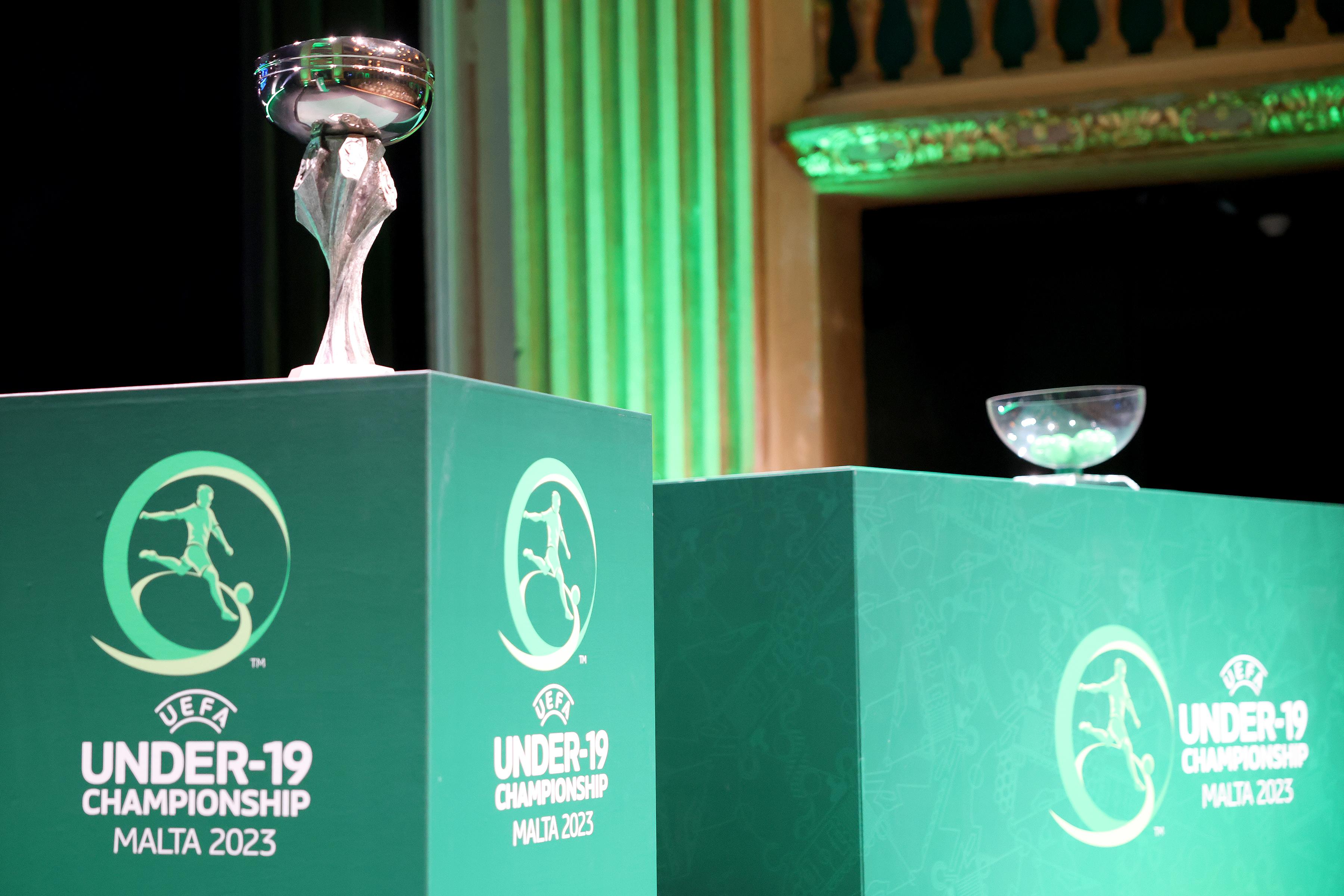 VALLETTA, MALTA – APRIL 19: The tournament trophy ahead of the UEFA European Under-19 Championship 2022/23 Final Tournament Draw at the Manoel Theatre on April 19, 2023, in Valletta, Malta. (Photo by Domenic Aquilina)