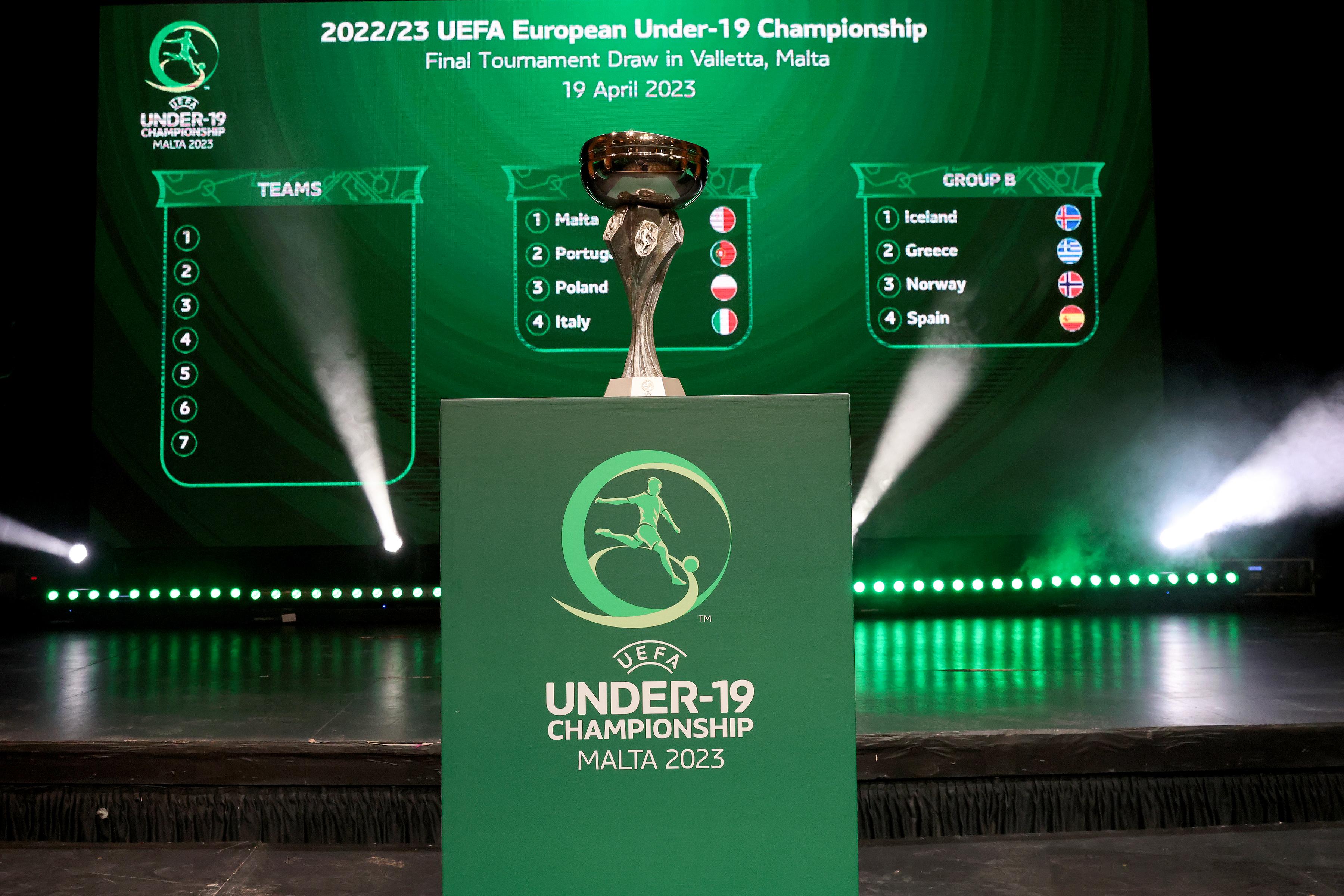 \\rVALLETTA, MALTA \\u2013 APRIL 19: The result of the UEFA European Under-19 Championship 2022/23 Final Tournament Draw is displayed on the screen at the Manoel Theatre on April 19, 2023, in Valletta, Malta. (Photo by Domenic Aquilina)