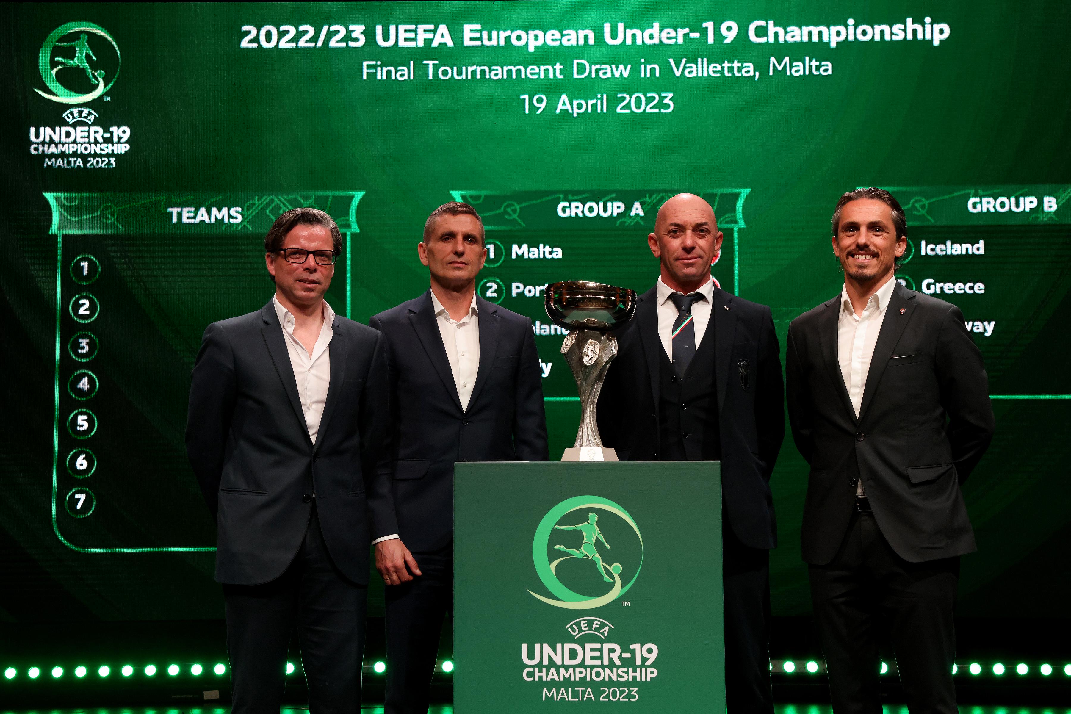 VALLETTA, MALTA – APRIL 19: The four head coaches from Group A (L-R) Malta, Poland, Italy and Portugal, with the tournament trophy after the UEFA European Under-19 Championship 2022/23 Final Tournament Draw at the Manoel Theatre on April 19, 2023, in Valletta, Malta. (Photo by Domenic Aquilina)