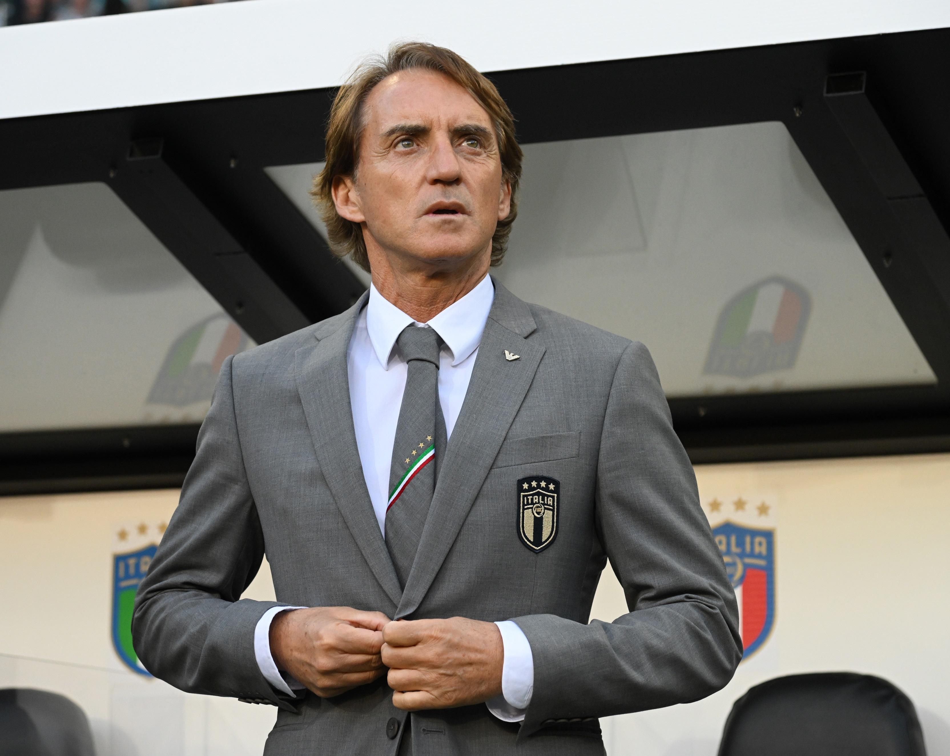 MOENCHENGLADBACH, GERMANY - JUNE 14: Head coach Italy Roberto Mancini looks on before the UEFA Nations League League A Group 3 match between Germany and England at Borussia Park Stadium on June 14, 2022 in Moenchengladbach, Germany. (Photo by Claudio Villa/Getty Images)
