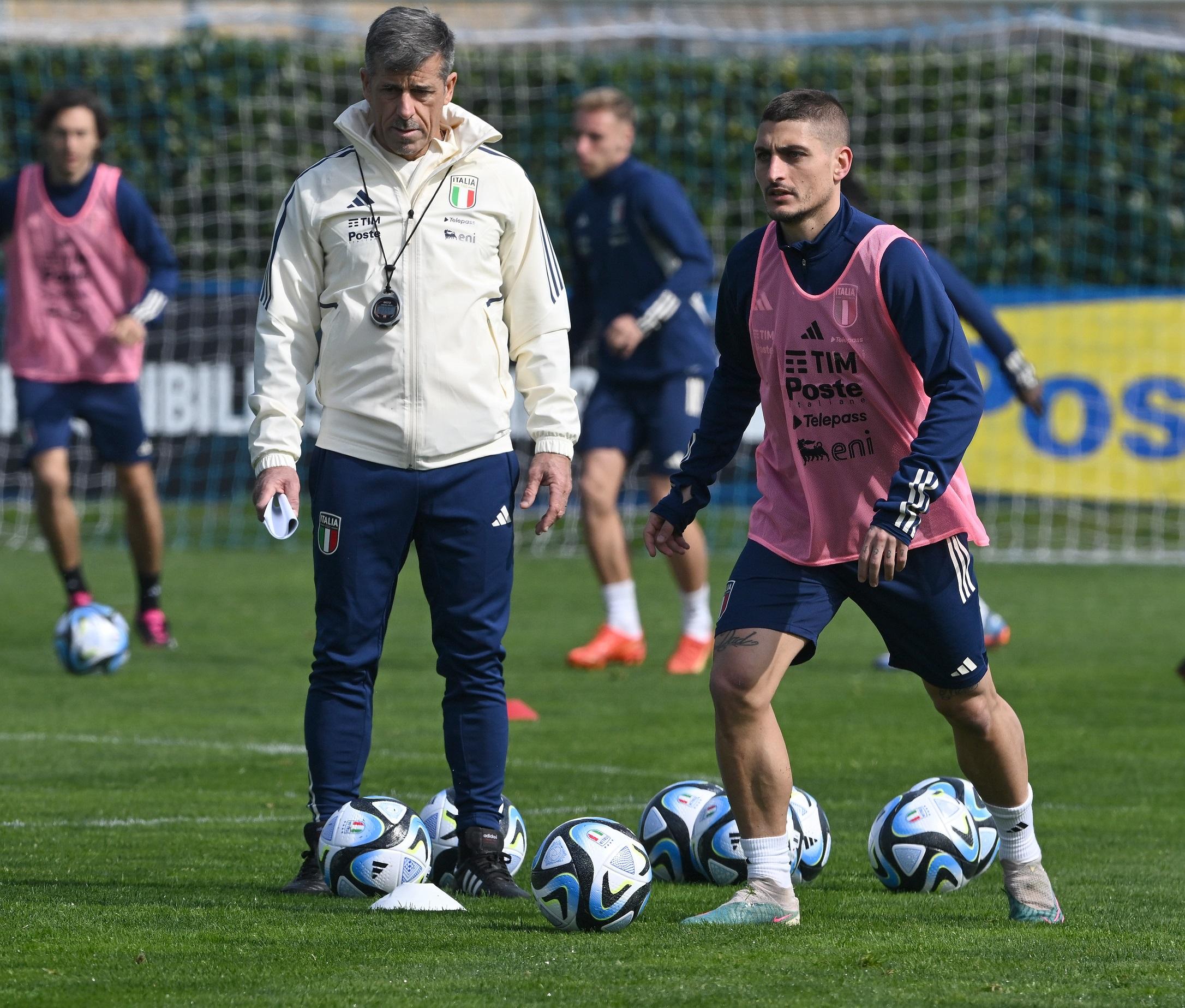 FLORENCE, ITALY - MARCH 22: Marco Verratti of Italy in action during an Italy training session at Centro Tecnico Federale di Coverciano on March 22, 2023 in Florence, Italy. (Photo by Claudio Villa/Getty Images)