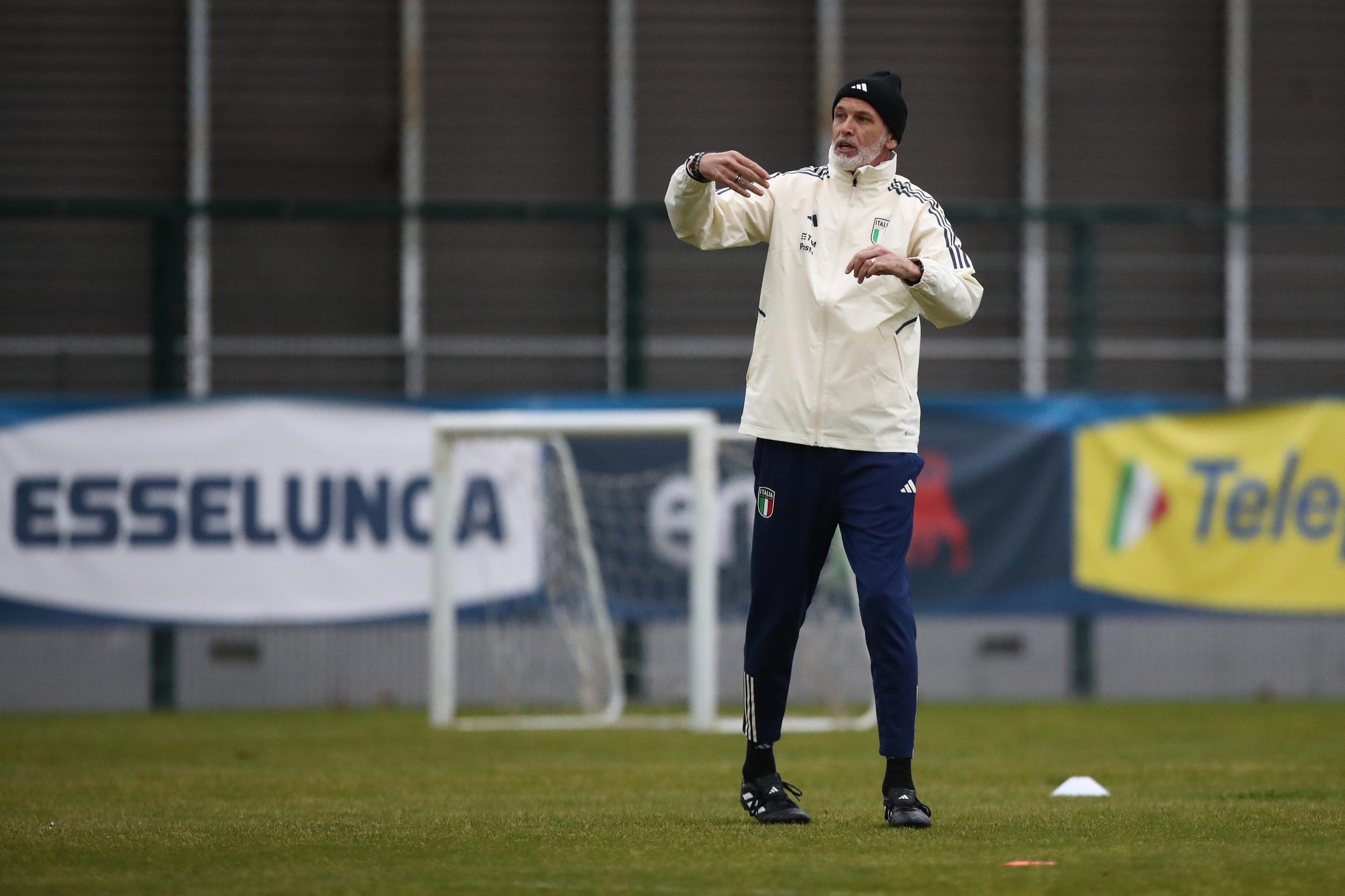 ROME, ITALY - MARCH 20: Italy U21 head Coach Paolo Nicolato looks on during the training session at Giulio Onesti sport centre on March 20, 2023 in Rome, Italy. (Photo by Paolo Bruno/Getty Images)