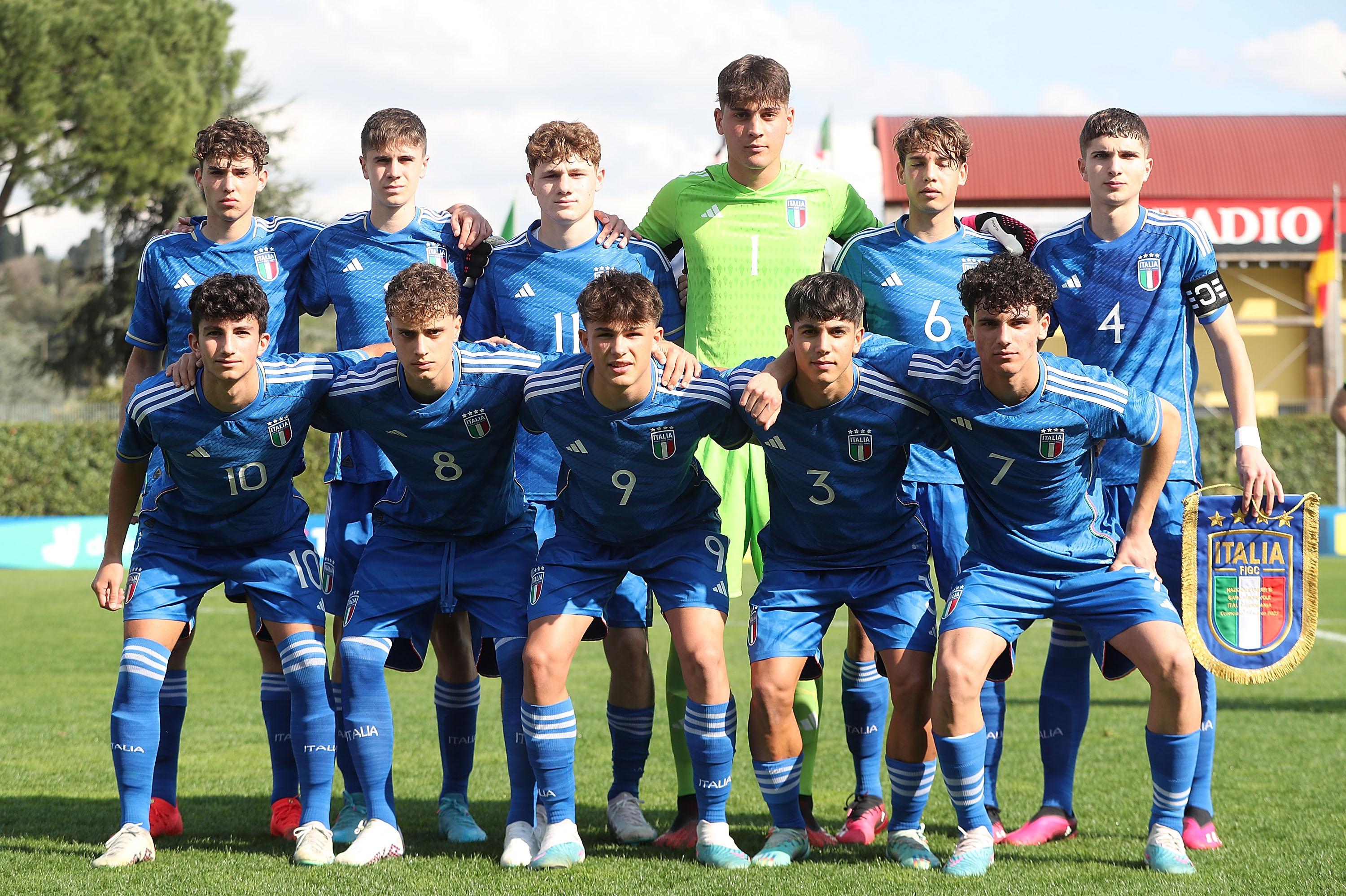 FLORENCE, ITALY - MARCH 24: Italy U16 poses during the U16 international friendly match between Italy and Germany at Tecnical Centre of Coverciano on March 24, 2023 in Florence, Italy. (Photo by Gabriele Maltinti/Getty Images)