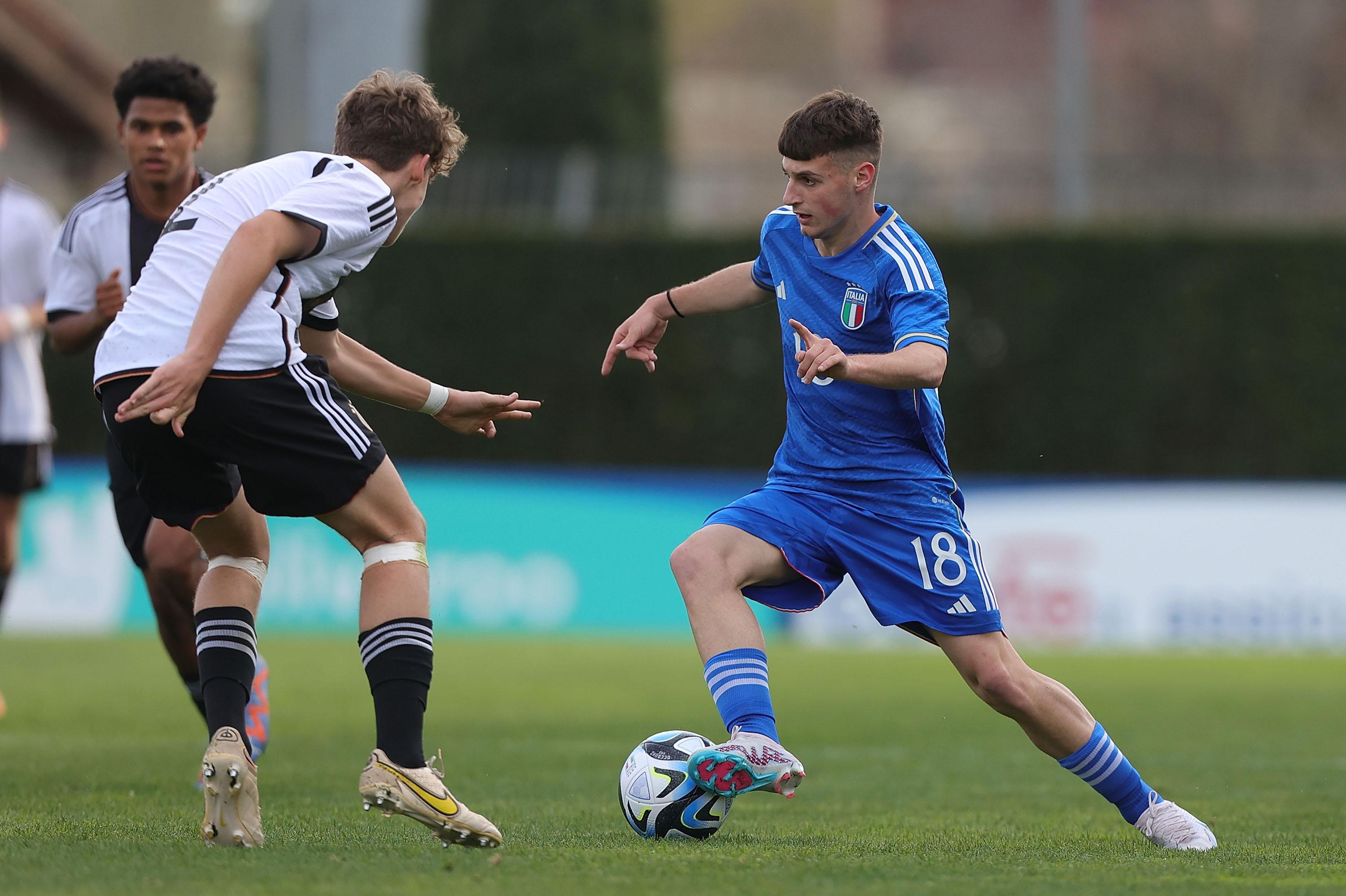 FLORENCE, ITALY - MARCH 24: Ernesto Perin of Italy U16 in action during the U16 international friendly match between Italy and Germany at Tecnical Centre of Coverciano on March 24, 2023 in Florence, Italy. (Photo by Gabriele Maltinti/Getty Images) *** Local Caption *** Ernesto Perin