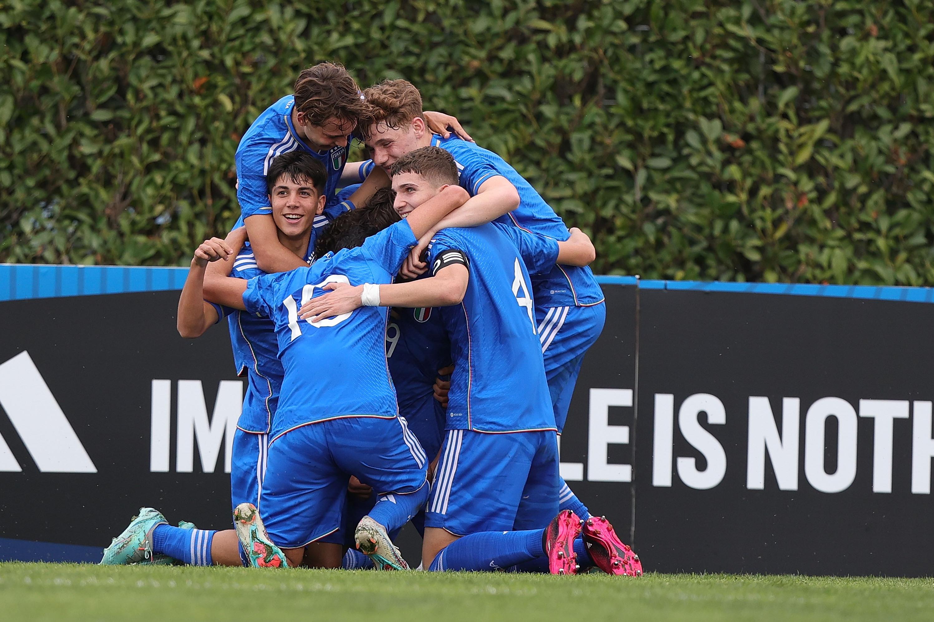 FLORENCE, ITALY - MARCH 24: Mattia Mosconi of Italy U16 celebrates after scoring a goal during the U16 international friendly match between Italy and Germany at Tecnical Centre of Coverciano on March 24, 2023 in Florence,Italy .  (Photo by Gabriele Maltinti/Getty Images) *** Local Caption *** Mattia Mosconi