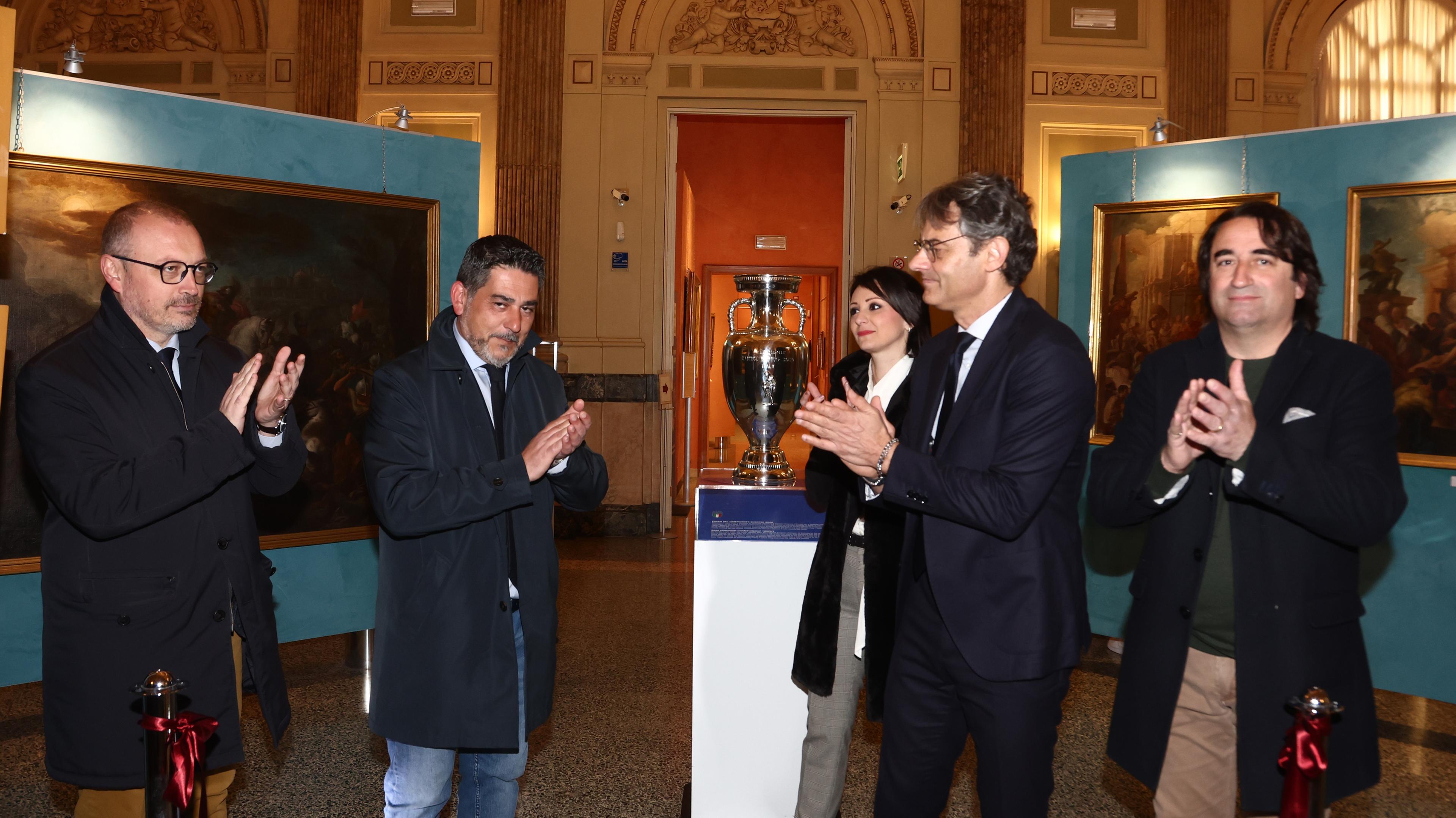 REGGIO CALABRIA, ITALY - MARCH 25: Saverio Minarchi of Figc with Reggio Calabria major Paolo Brunetti during inauguration FIGC Museum Memorabilia dipslayed in Piancoteca Civica on March 25, 2023 in Reggio Calabria, Italy. (Photo by Maurizio Lagana/Getty Images)
