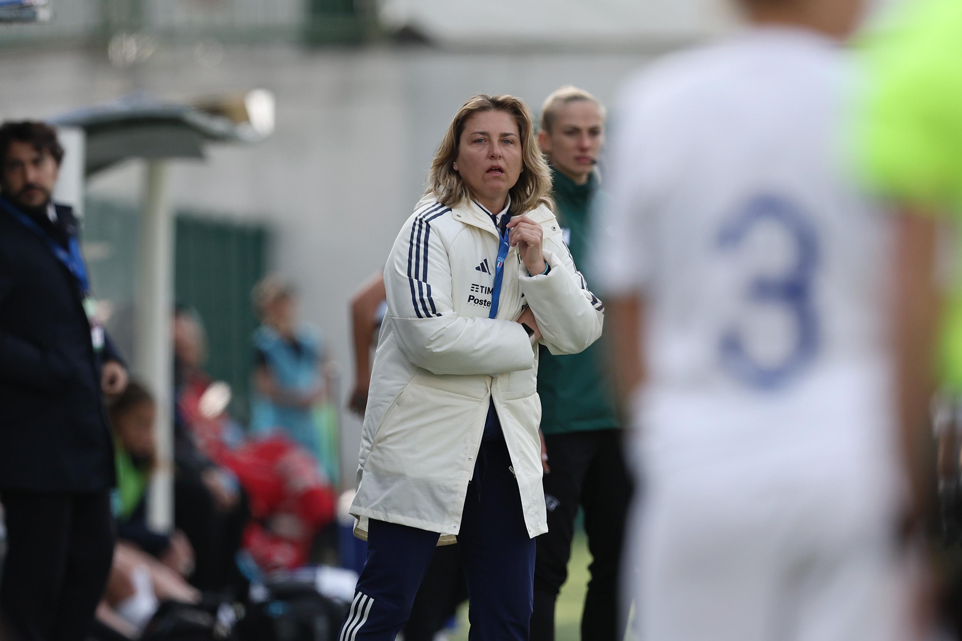 VERCELLI, ITALY - APRIL 05: Head Coach Selena Mazzantini of Italy looks on during the UEFA Women's Under 19 Championship match between Greece U19 and Italy U19 on April 05, 2023 in Vercelli, Italy. (Photo by Francesco Scaccianoce/Getty Images)