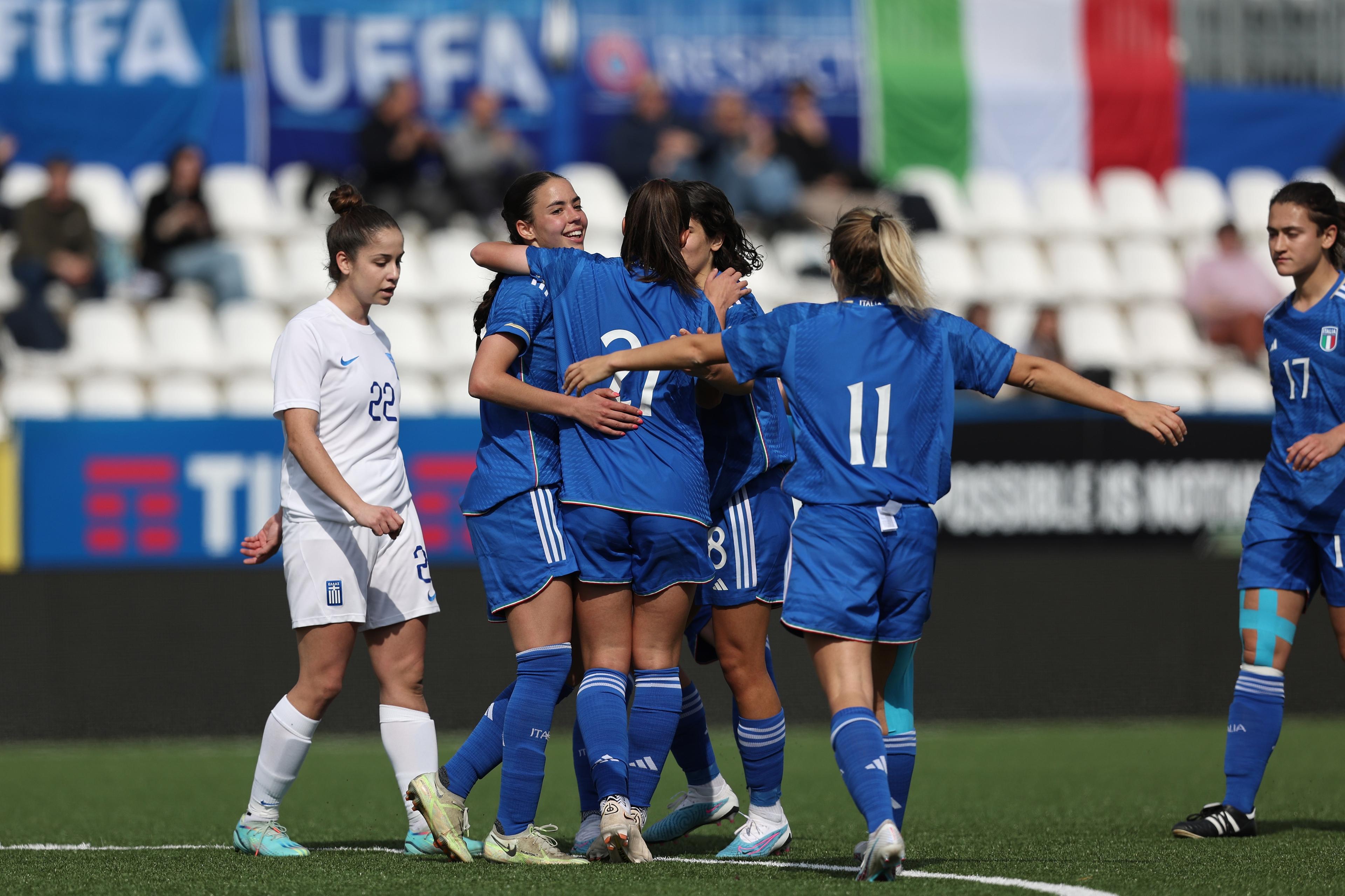 VERCELLI, ITALY - APRIL 05: Victoria Marie Della Peruta of Italy celebrates after scoring his side\\'s second goal of the match during the UEFA Women\\'s Under 19 Championship match between Greece U19 and Italy U19 on April 05, 2023 in Vercelli, Italy. (Photo by Francesco Scaccianoce/Getty Images)