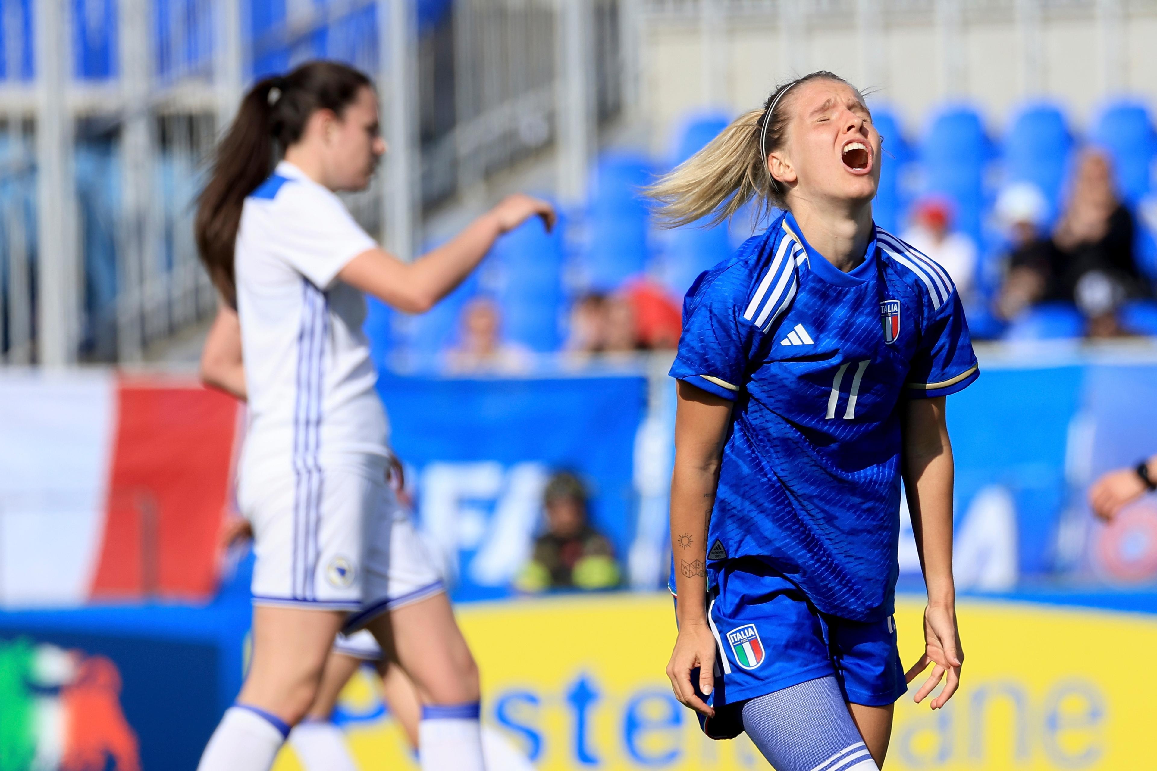 NOVARA, ITALY - APRIL 08: Elisa Pfattner of Italy U19 shows his dejection during the UEFA Women\\'s Under 19 Championship match between Bosnia and Herzegovina U19 and Italy U19 on April 08, 2023 in Novara, Italy. (Photo by Giuseppe Cottini/Getty Images)
