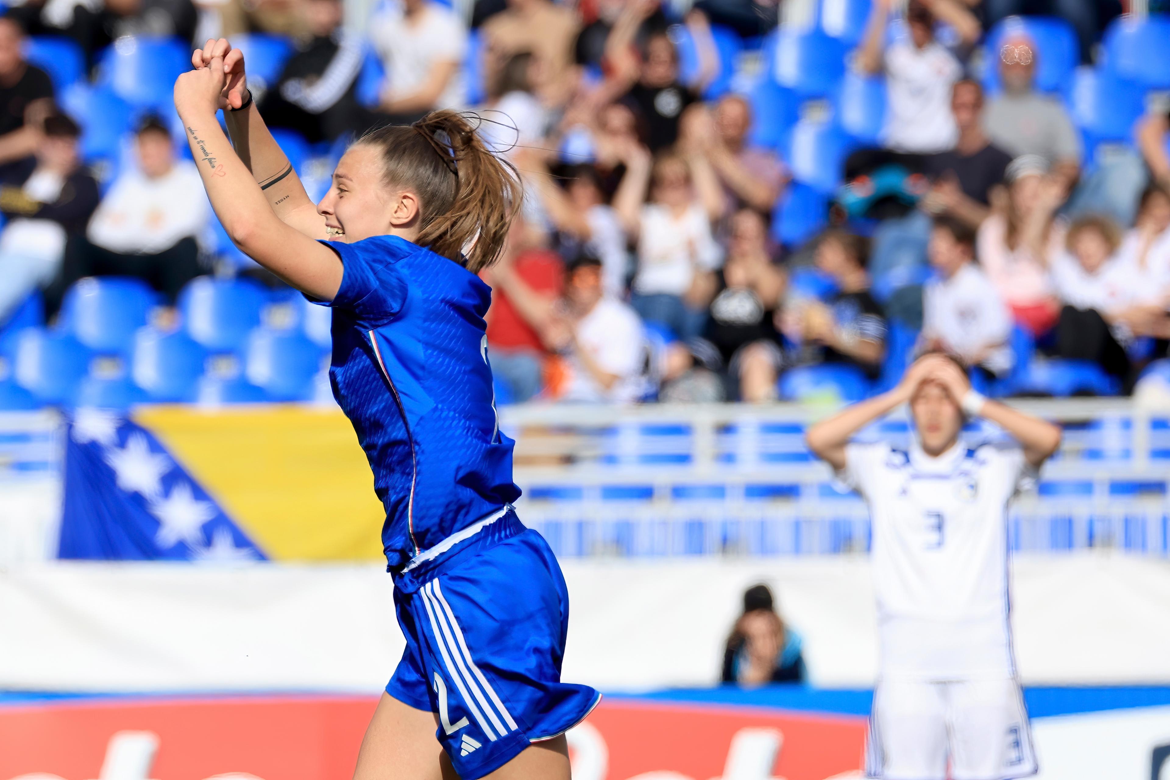 NOVARA, ITALY - APRIL 08: Sofia Bertucci of Italy U19 celebrates after scoring the his team's third goal during the UEFA Women's Under 19 Championship match between Bosnia and Herzegovina U19 and Italy U19 on April 08, 2023 in Novara, Italy. (Photo by Giuseppe Cottini/Getty Images)