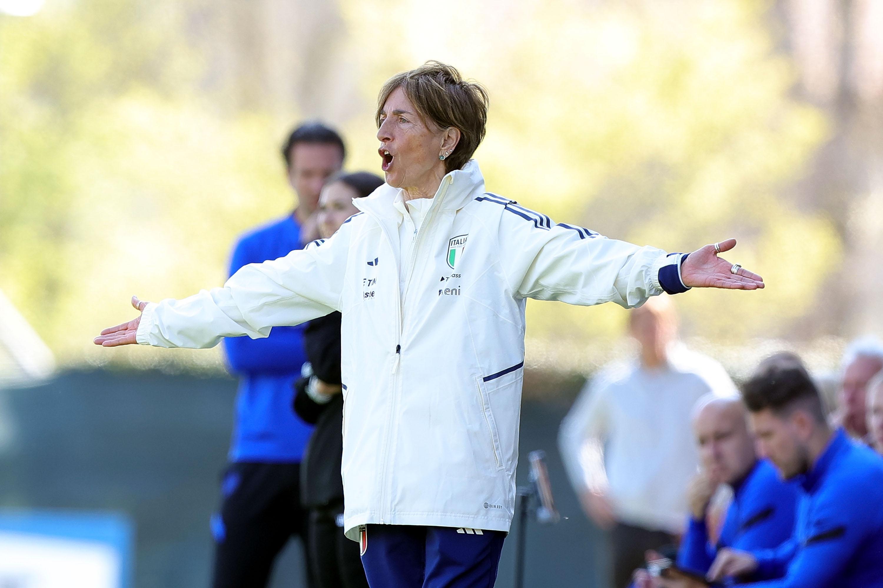 FLORENCE, ITALY - APRIL 06: Head coach of Italy Women U23 Nazzarena Grilli gestures during the International Frinedly match between Italy U23 and Netherlands U23 on April 6, 2023 in Florence, Italy. (Photo by Gabriele Maltinti/Getty Images) *** Local Caption *** Nazzarena Grilli