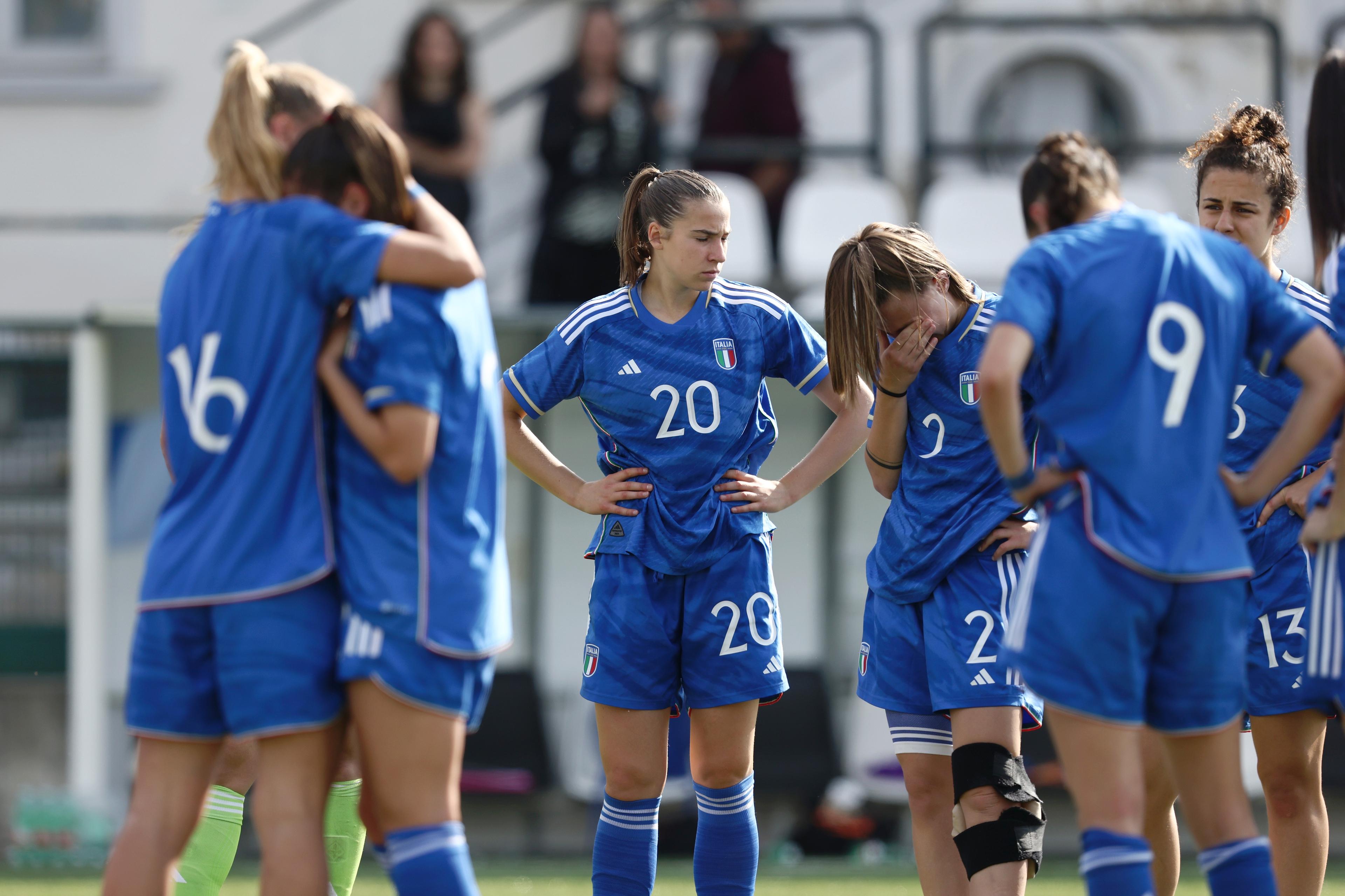 VERCELLI, ITALY - APRIL 11: Giorgia Arrigoni of Italy and Sofia Bertucci of Italy look dejected after the UEFA Women\\'s Under 19 Championship match between Italy U19 and Austria U19 on April 11, 2023 in Vercelli, Italy. (Photo by Francesco Scaccianoce/Getty Images)