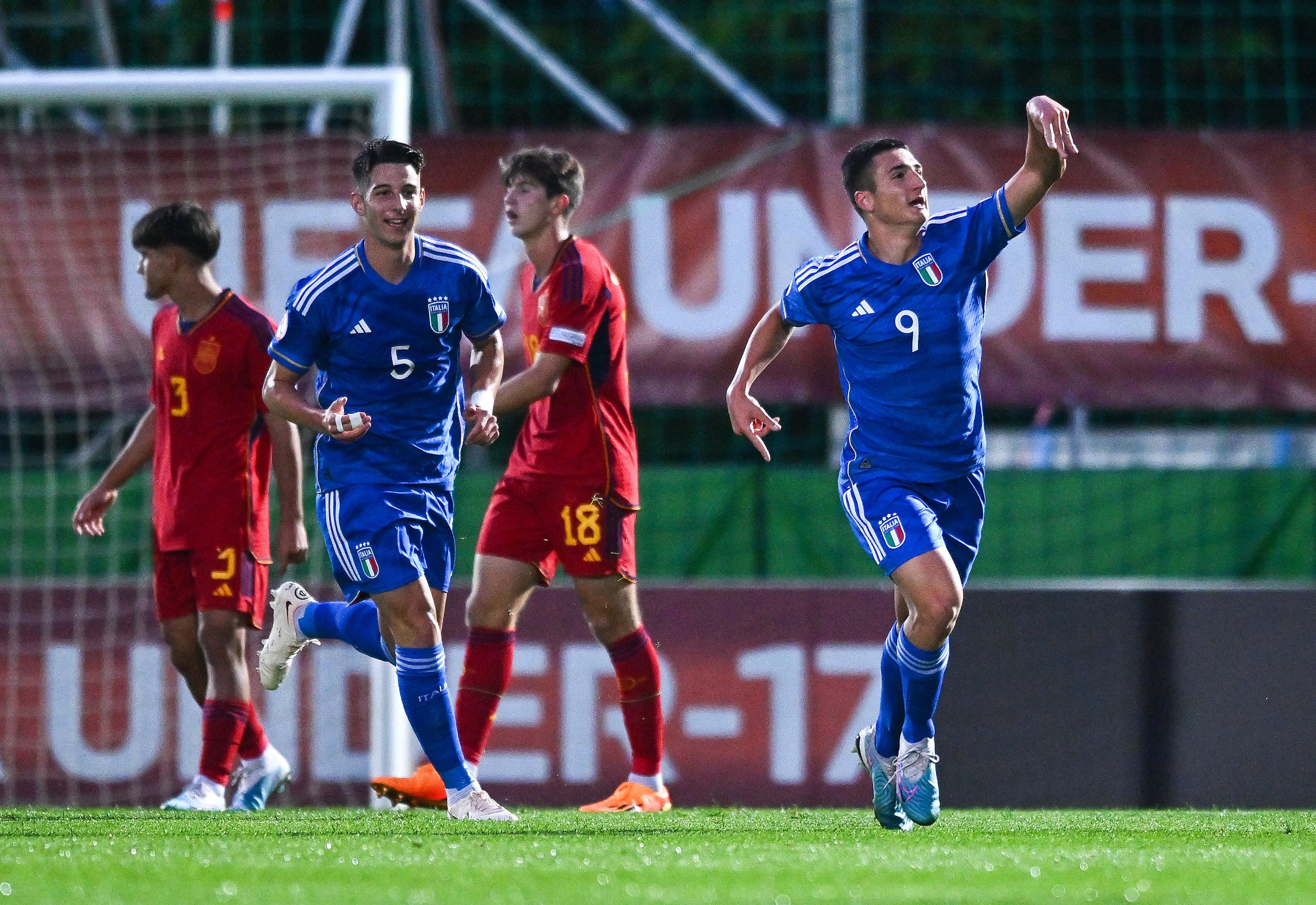 BUDAÖRS, HUNGARY - MAY 18: Federico Ragnoli Galli of Italy celebrates after scoring his side's first goal during the UEFA European Under-17 Championship Finals 2023 Group B match between Italy and Spain in the BSC Stadium on May 18, 2023 in Budaörs, Hungary. (Photo by Ben McShane - Sportsfile/UEFA via Getty Images)