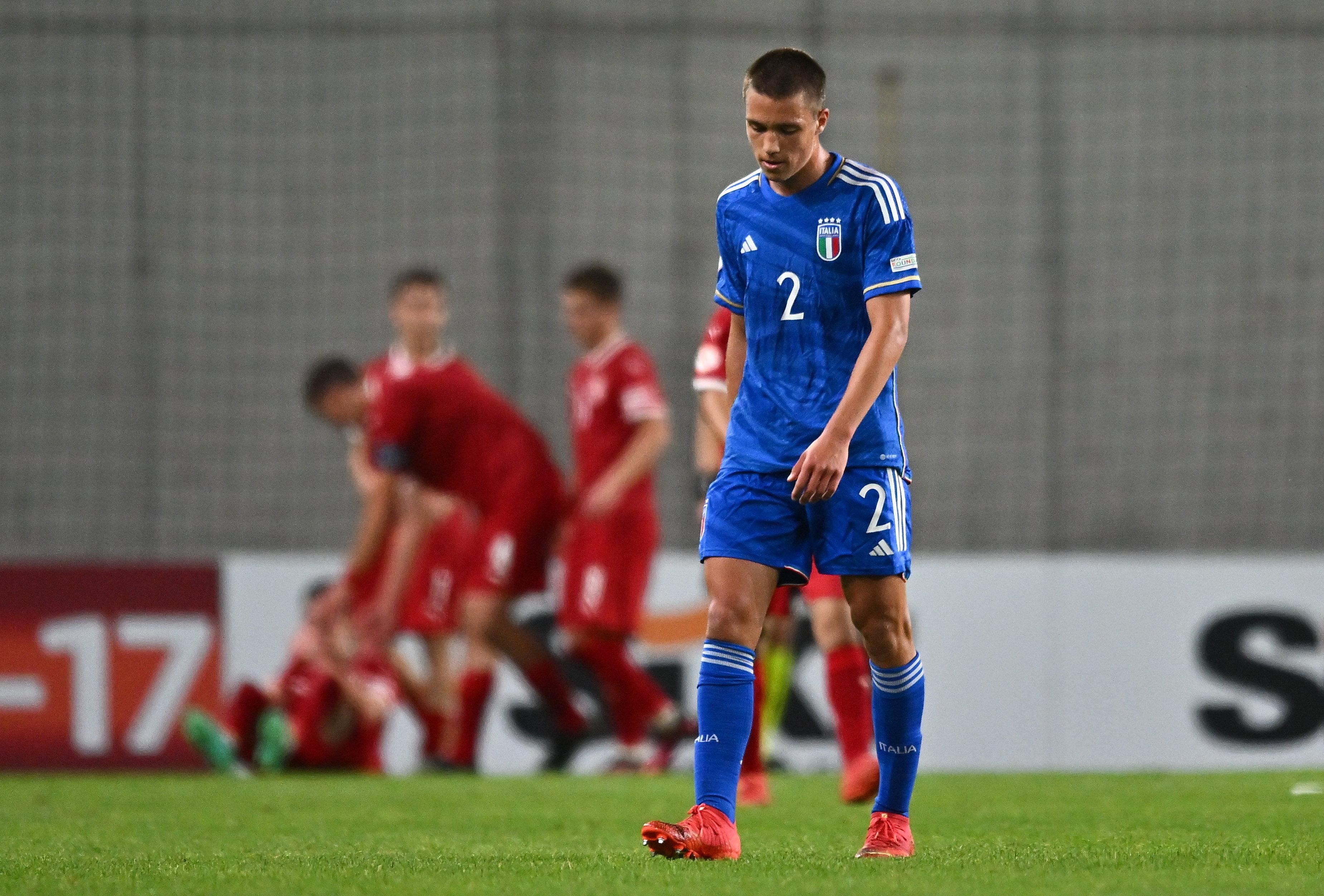 BUDAPEST, HUNGARY - MAY 21: Vittorio Magni of Italy reacts after his side concede their second goal during the UEFA European Under-17 Championship Finals 2023 Group B match between Serbia and Italy in the Hidegkuti Nándor Stadiom on May 21, 2023 in Budapest, Hungary. (Photo by Ben McShane - Sportsfile/UEFA via Getty Images)