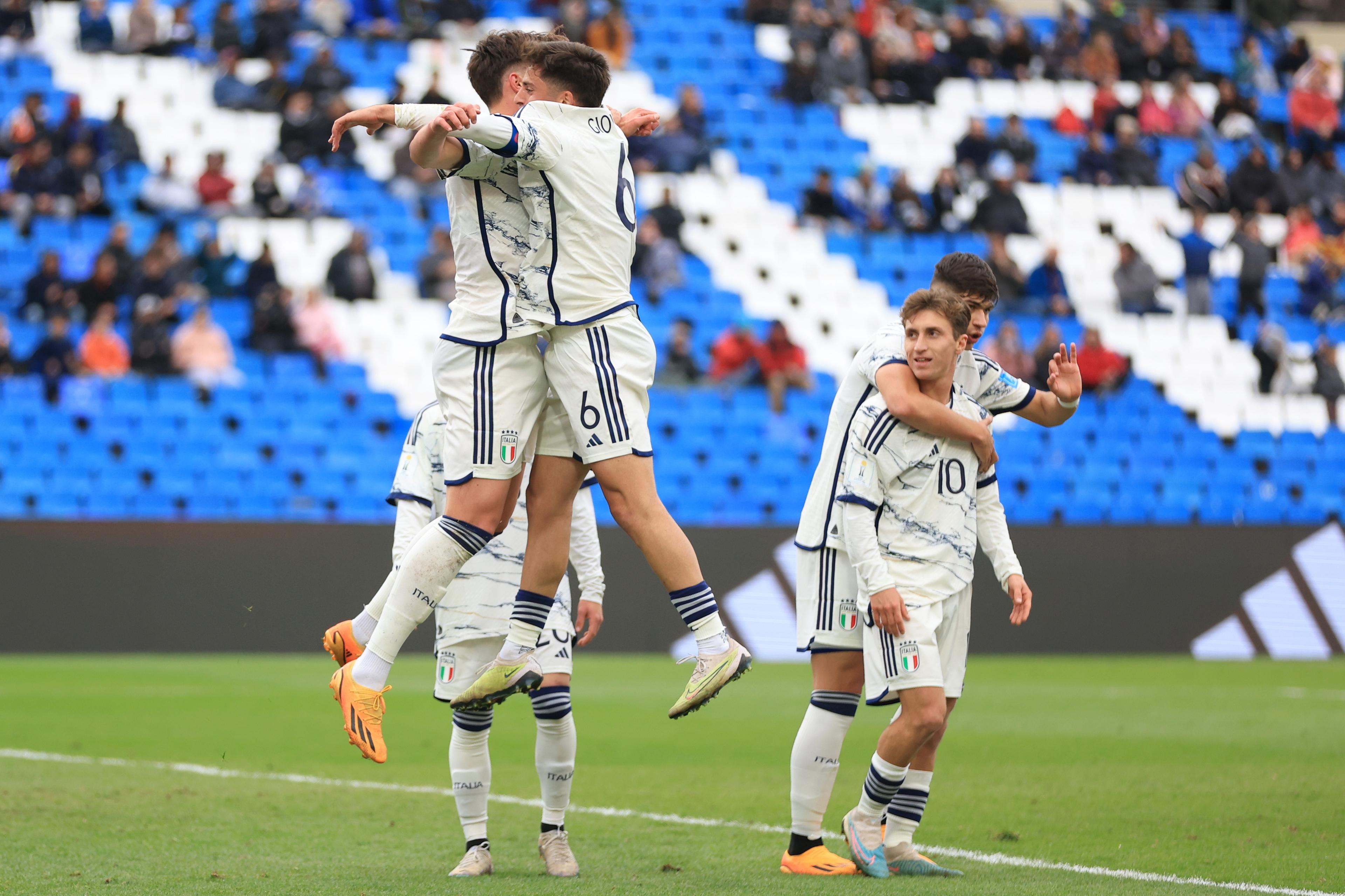 MENDOZA, ARGENTINA - MAY 27: Cesare Casadei of Italy  celebrates with Samuel Giovane after scoring the team\\'s first goal  during a FIFA U-20 World Cup Argentina 2023 Group D match between Dominican Republic and Italy at Estadio Mendoza on May 27, 2023 in Mendoza, Argentina. (Photo by Buda Mendes - FIFA/FIFA via Getty Images)