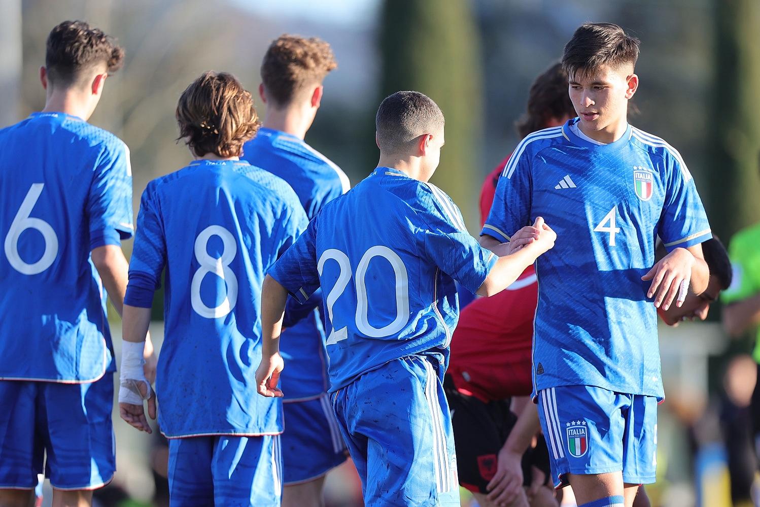 FLORENCE, ITALY - JANUARY 24: Vincenzo Damiano of Italy U15 celebrates after scoring a goal during the International Friendly match between Italy U15 and Albania U15 on January 24, 2023 in Florence, Italy.  (Photo by Gabriele Maltinti/Getty Images) *** Local Caption *** Vincenzo Damiano