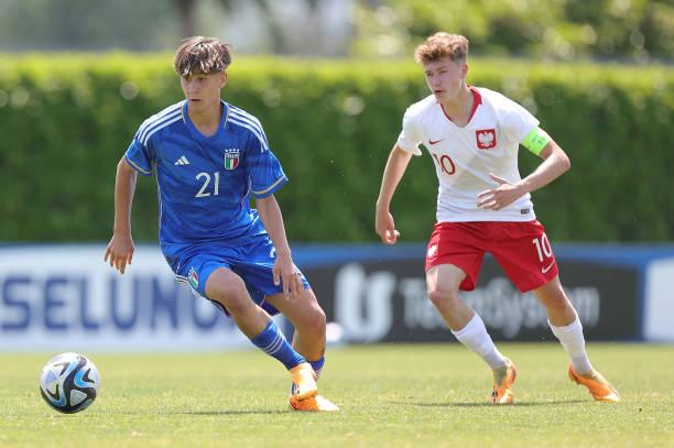 FLORENCE, ITALY - MAY 30: Oliver Blini of Italy U15 in action during the international friendly match between Italy U15 and Poland U15 at Centro Tecnico Federale di Coverciano on May 30, 2023 in Florence, Italy. (Photo by Gabriele Maltinti/Getty Images)