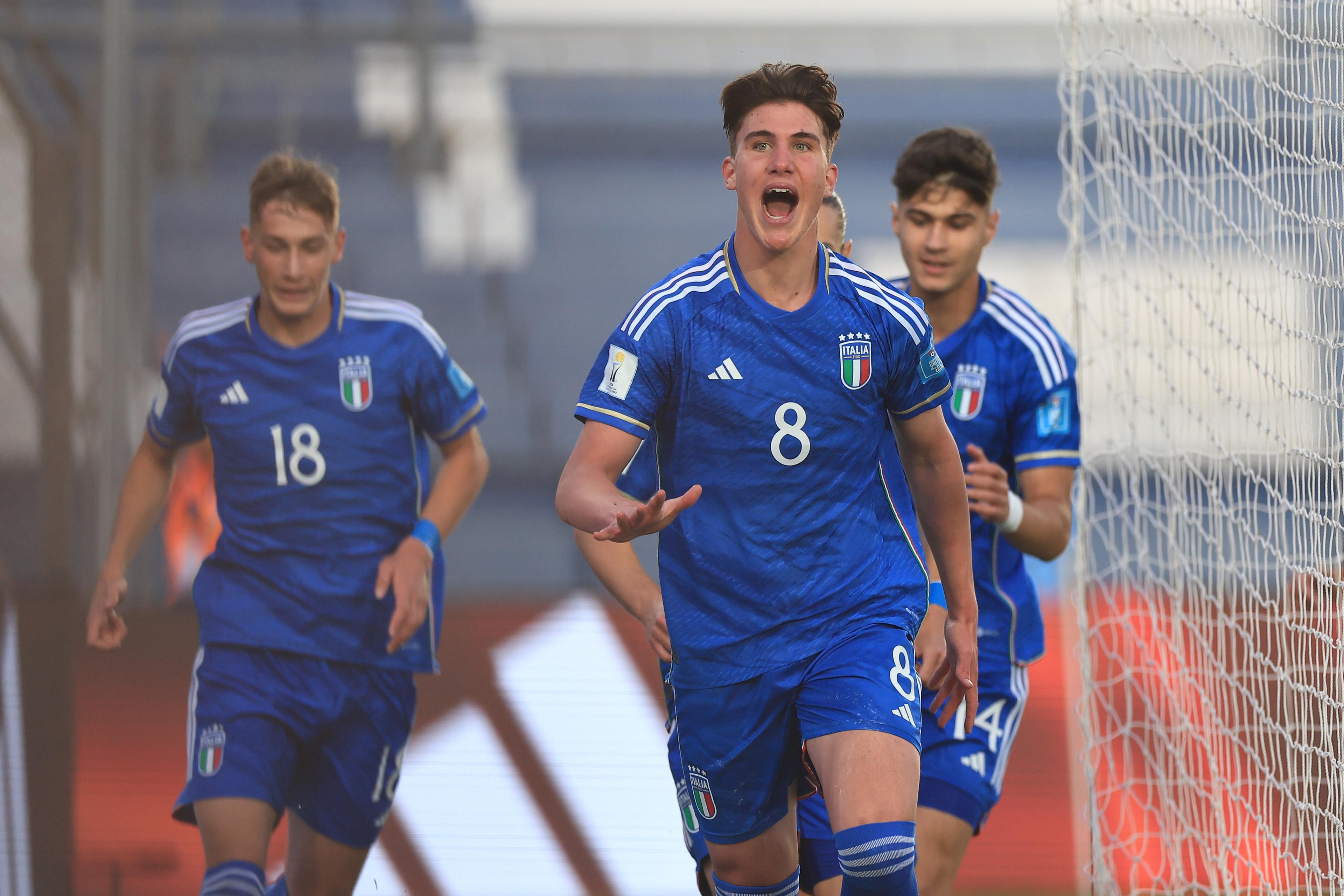 SAN JUAN, ARGENTINA - JUNE 03: Cesare Casadei of Italy celebrates after scoring the team's first goal during FIFA U-20 World Cup Argentina 2023 Quarter Finals match between Colombia and Italy at Estadio San Juan on June 03, 2023 in San Juan, Argentina. (Photo by Buda Mendes - FIFA/FIFA via Getty Images)