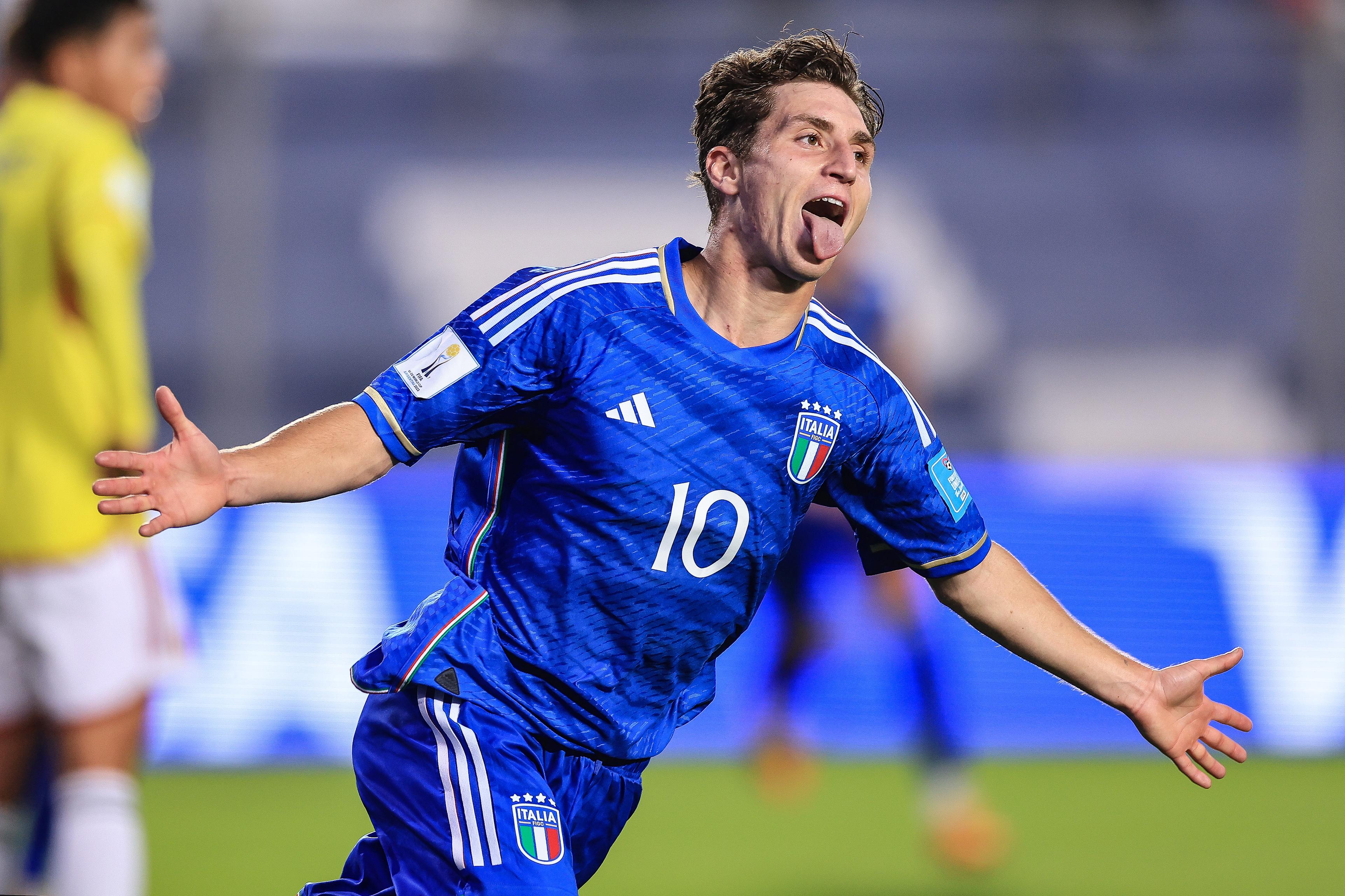SAN JUAN, ARGENTINA - JUNE 03: Tommaso Baldanzi of Italy celebrates after scoring the team's second goal during FIFA U-20 World Cup Argentina 2023 Quarter Finals match between Colombia and Italy at Estadio San Juan on June 03, 2023 in San Juan, Argentina. (Photo by Buda Mendes - FIFA/FIFA via Getty Images)