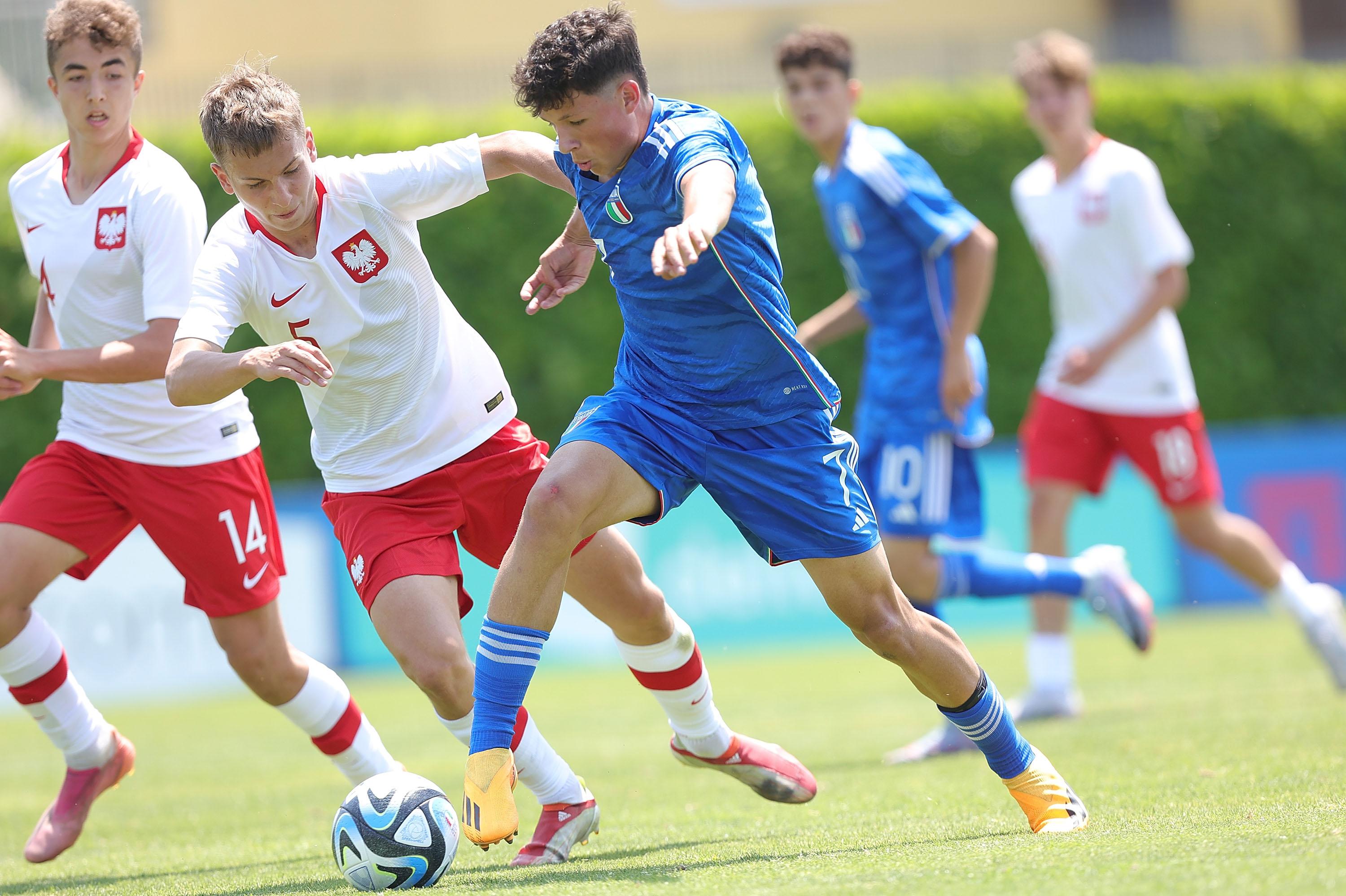 FLORENCE, ITALY - MAY 30: Simone Lontani of Italy U15 scores a goal during the international friendly match between Italy U15 and Poland U15 at Centro Tecnico Federale di Coverciano on May 30, 2023 in Florence, Italy. (Photo by Gabriele Maltinti/Getty Images) *** Local Caption *** Simone Lontani
