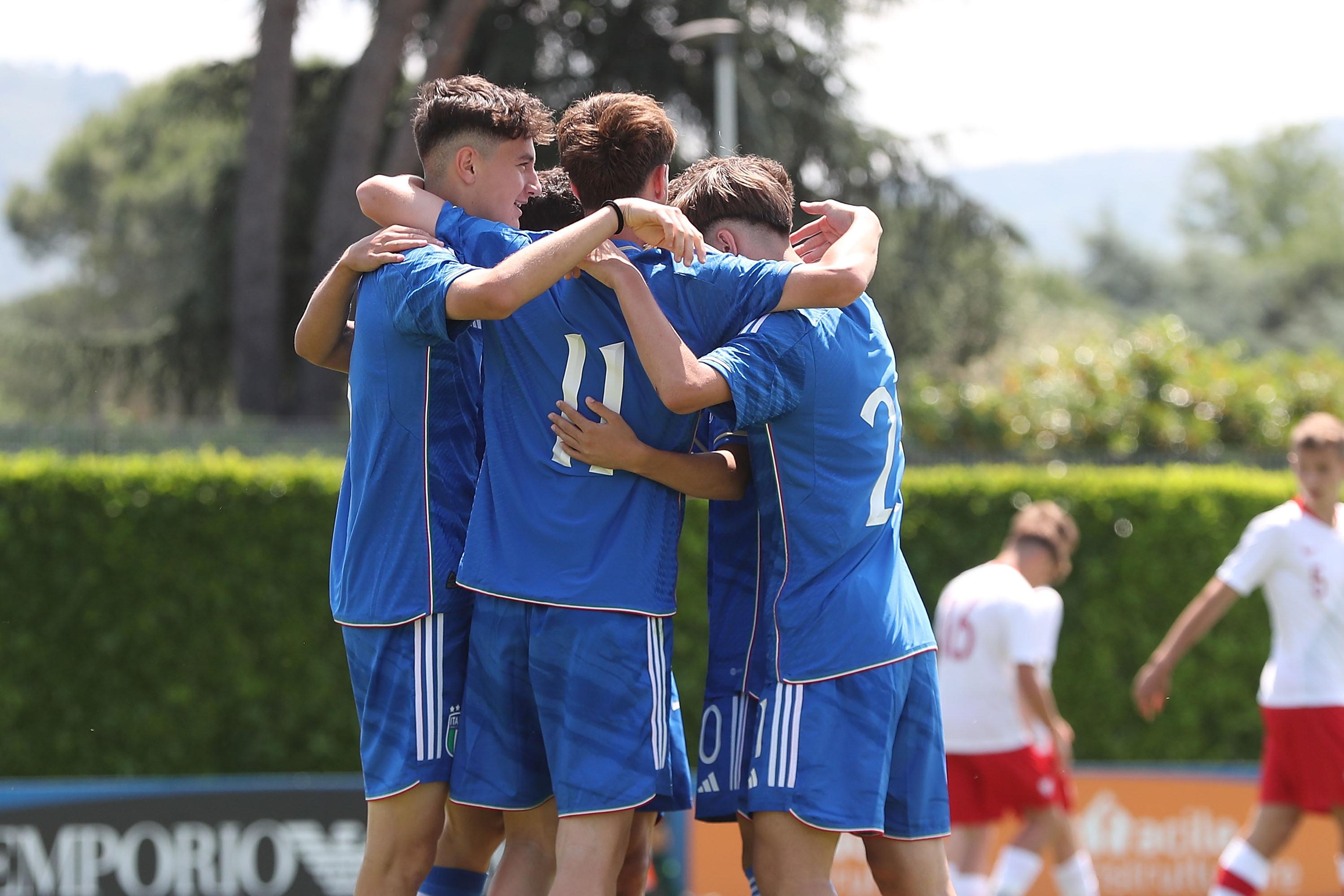 FLORENCE, ITALY - MAY 30: Simone Lontani of Italy U15 celebrates after scoring a goal during the international friendly match between Italy U15 and Poland U15 at Centro Tecnico Federale di Coverciano on May 30, 2023 in Florence, Italy. (Photo by Gabriele Maltinti/Getty Images) *** Local Caption *** Thomas Campaniello