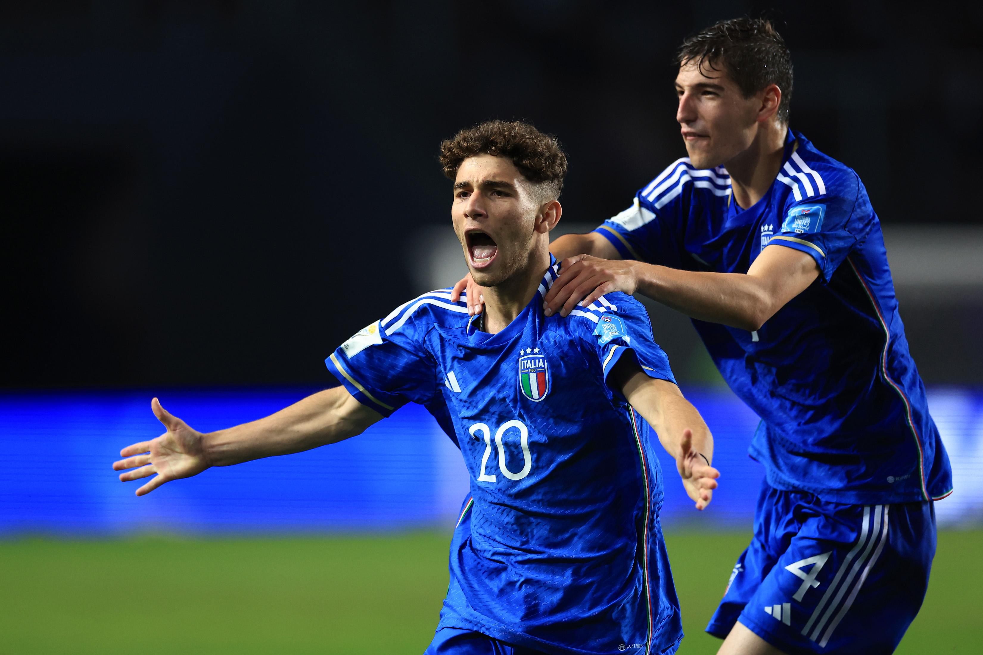 LA PLATA, ARGENTINA - JUNE 08: Simone Pafundi of Italy celebrates after scoring the team's second goal during the FIFA U-20 World Cup Argentina 2023 Semi Finals match between Italy and Korea Republic at Estadio La Plata on June 08, 2023 in La Plata, Argentina. (Photo by Buda Mendes - FIFA/FIFA via Getty Images)