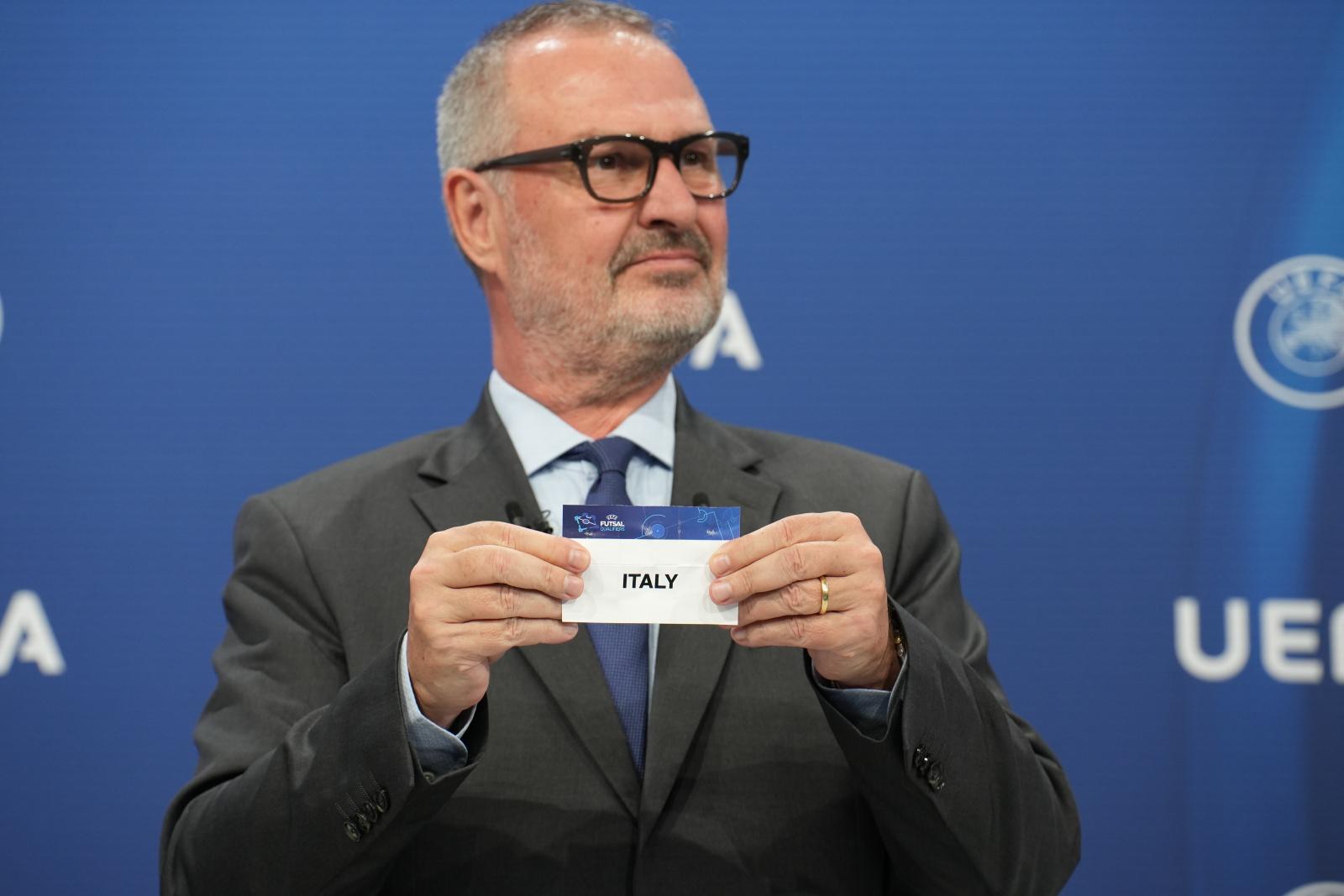 NYON, SWITZERLAND - JUNE 8: Lance Kelly, UEFA Chief of Men’s Football & Deputy Director, draws Italy during the FIFA Futsal World Cup 2024 Elite Round Draw at the UEFA Headquarters, the House of the European Football, on June 8, 2023, in Nyon, Switzerland. (Photo by Nemanja Basevic - UEFA/UEFA via Getty Images)